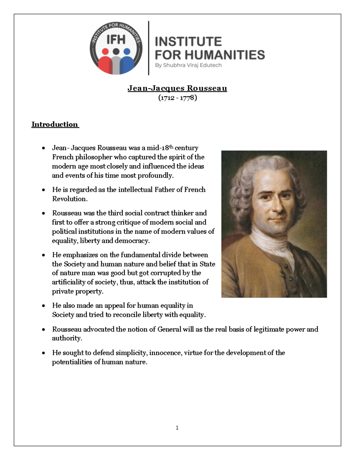 Lec 13 - Rousseau - Jean-Jacques Rousseau (1712 - 1778) Introduction ...