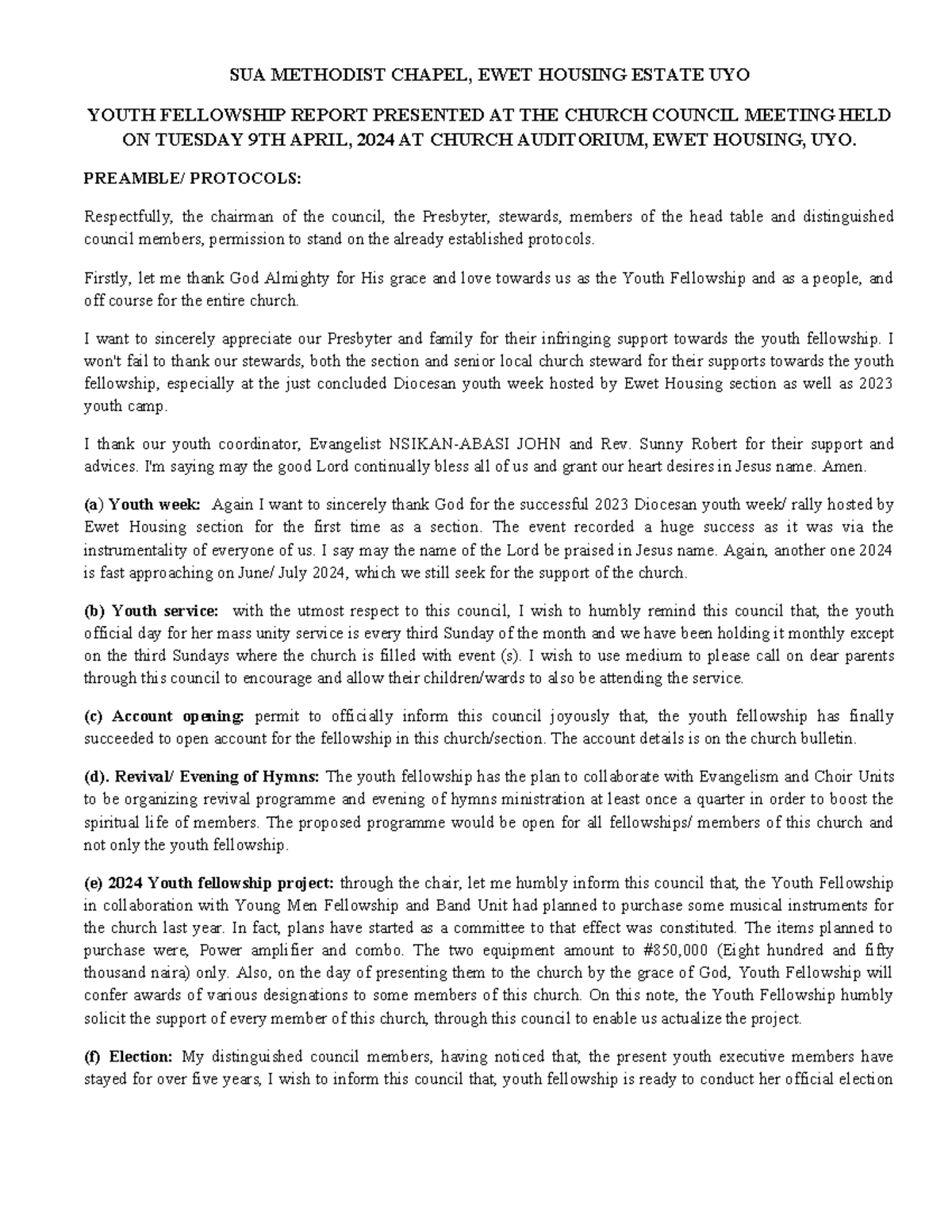 Youth Report FOR OCT. Church Council - SUA METHODIST CHAPEL, EWET ...