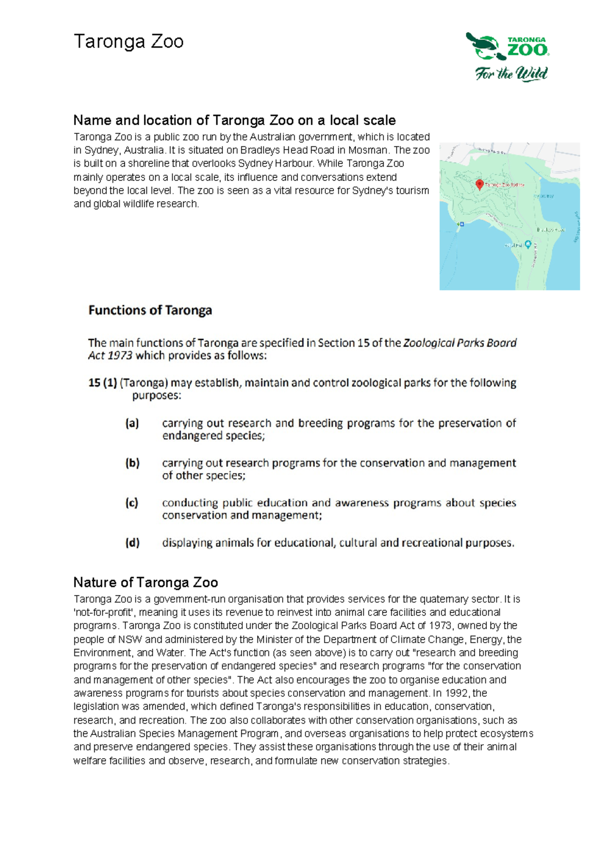 Tarong zoo Assignement-Geography - Taronga Zoo Name and location of ...