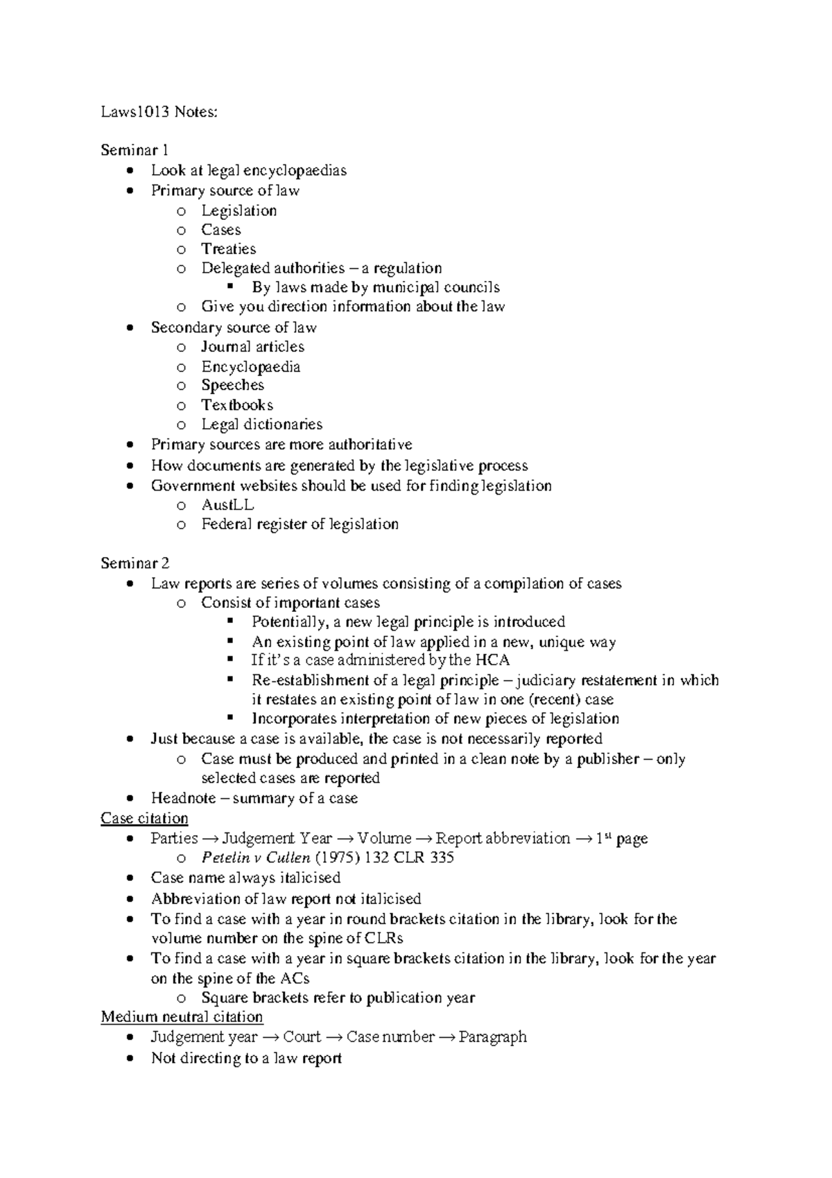 Legal Research Lecture Notes - Laws1013 Notes: Seminar 1 - Look at ...