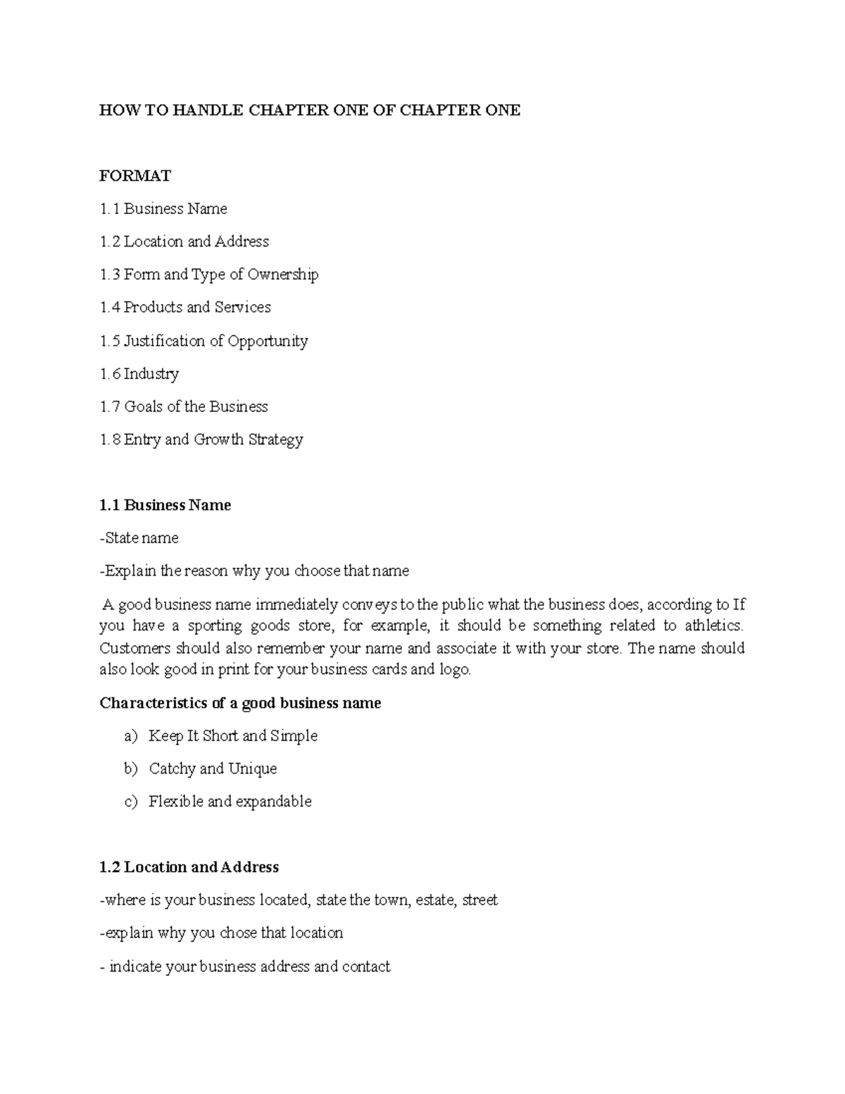 HOW TO Handle Chapter ONE OF Business PLAN - HOW TO HANDLE CHAPTER ONE ...