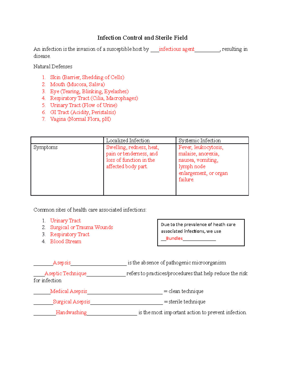 Infection Control and Sterile Field notes Infection Control and