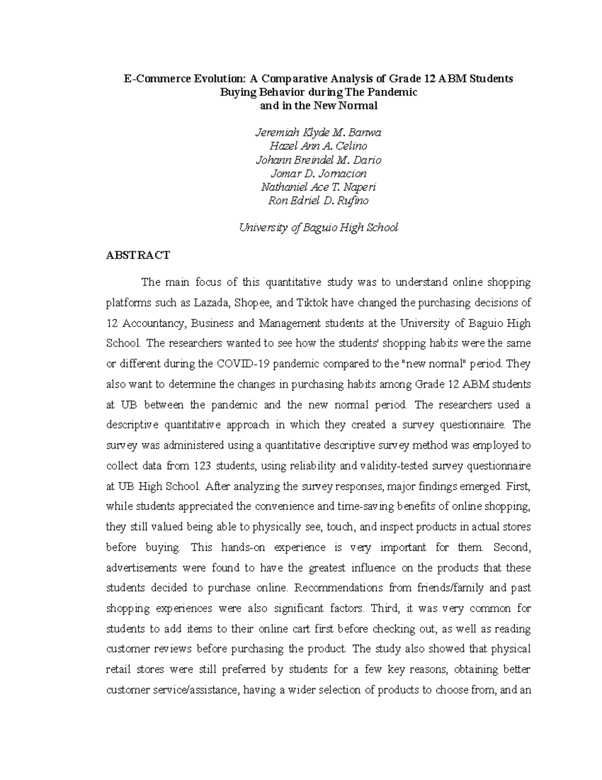 E-Commerce Evolution: A Comparative Analysis of Grade 12 ABM Students ...