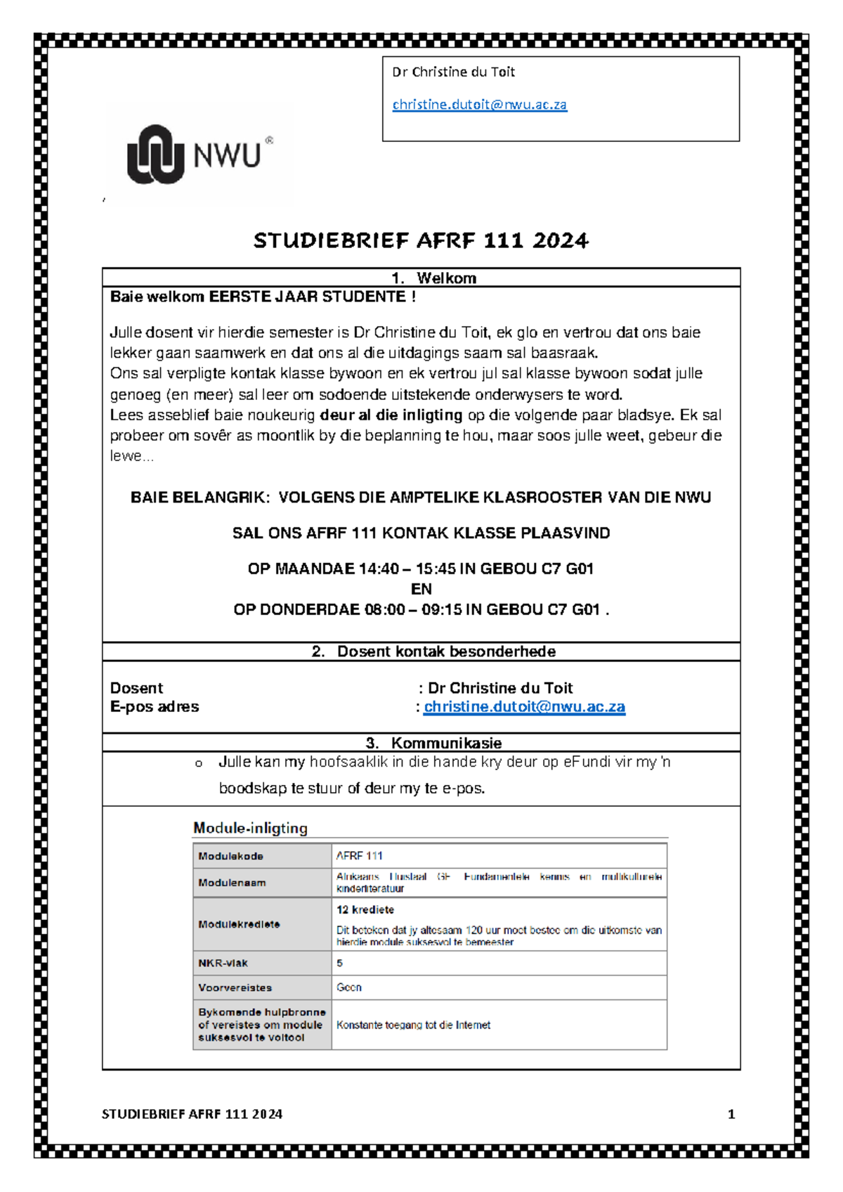 Studiebrief+AFRF+111+2024 - ‘ STUDIEBRIEF AFRF 111 202 4 Welkom Baie ...