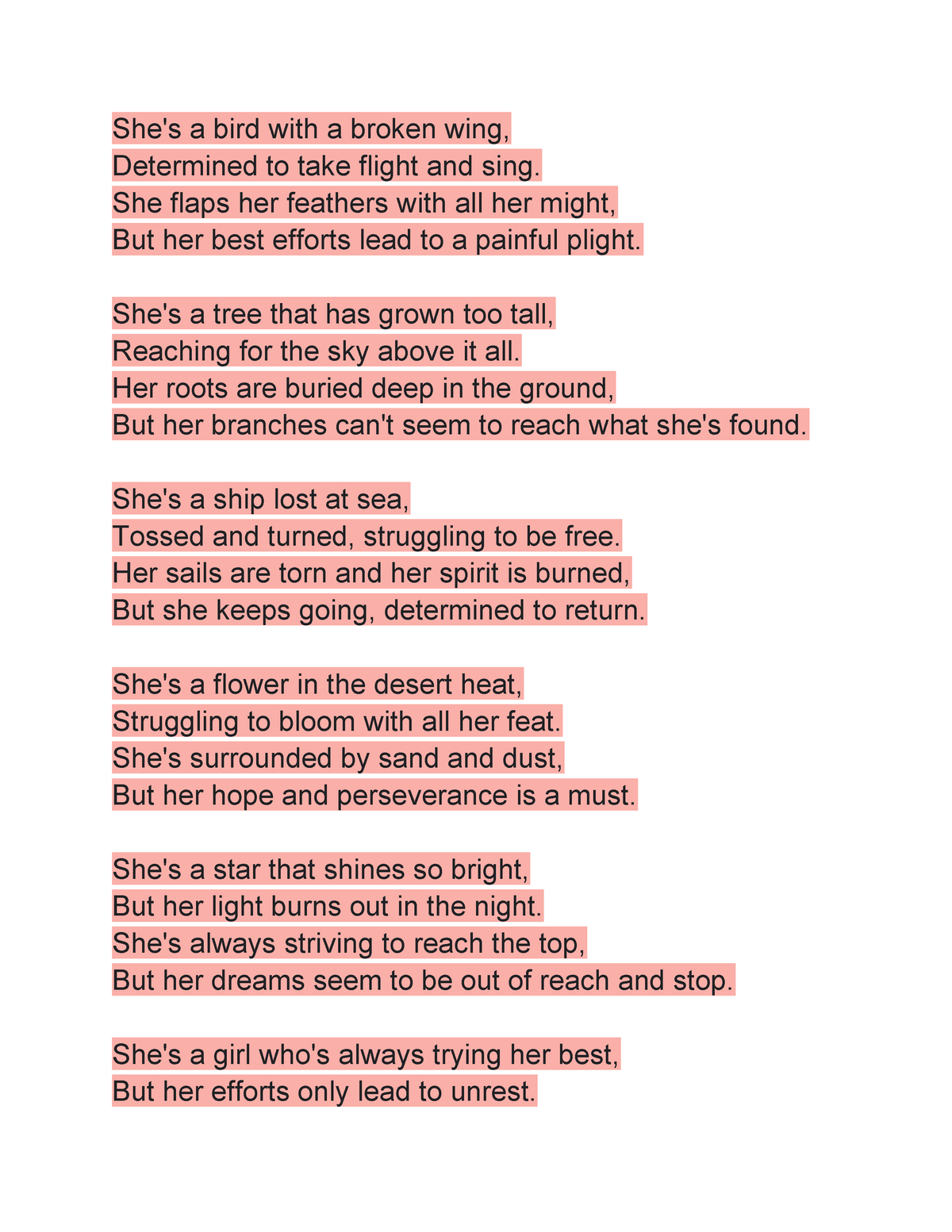 Poem - For example only - She's a bird with a broken wing, Determined ...