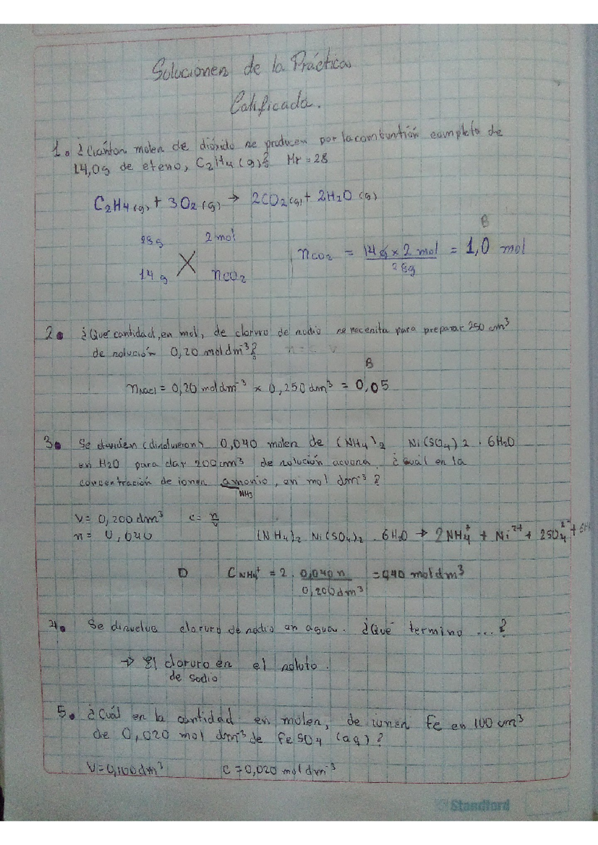 Solucionario del examen de soluciones y la Ley de Avogadro. Olivares ...