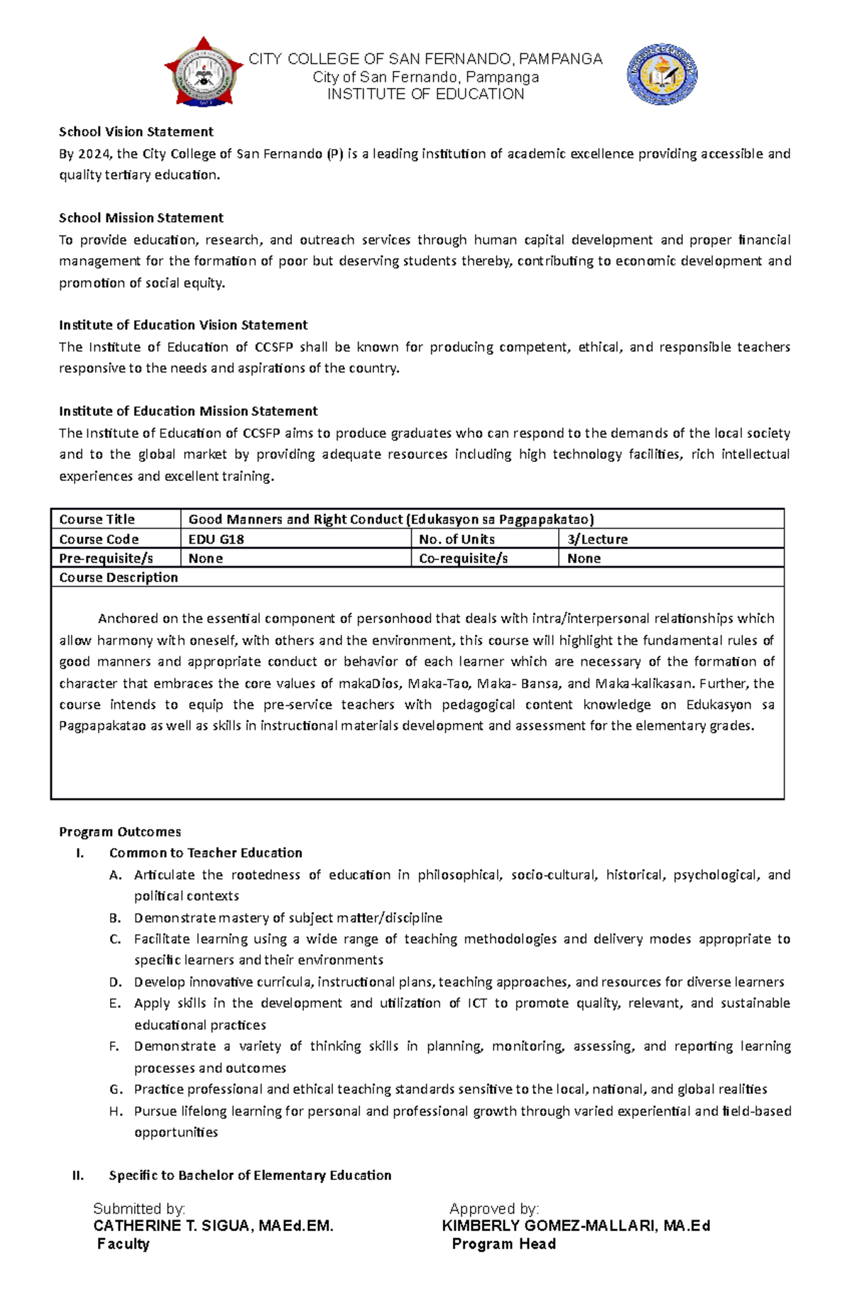 Sigua CT GMRC syllabus 2022 - City of San Fernando, Pampanga INSTITUTE ...