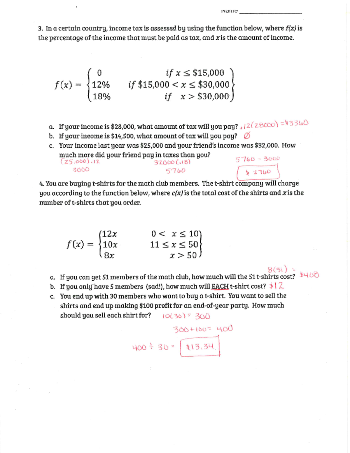 Piecewise Function Problems With Answers