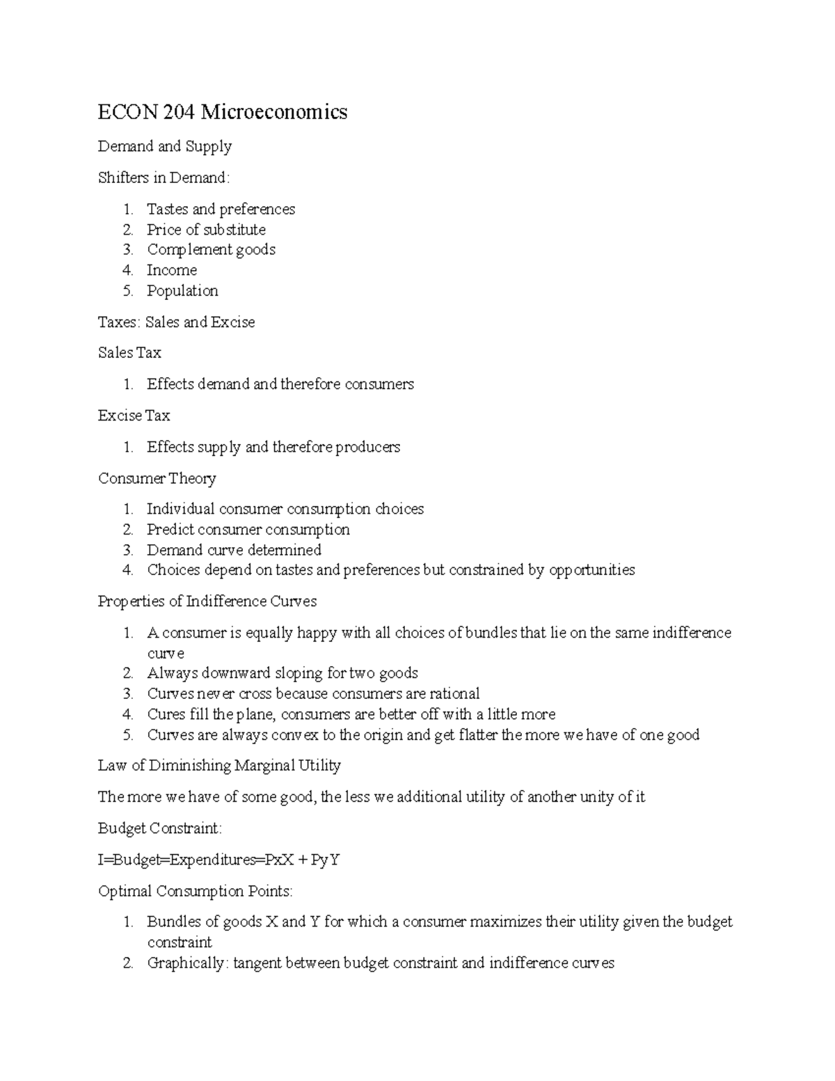 ECON 204 - Lecture Notes 1-4 - ECON 204 Microeconomics Demand And ...