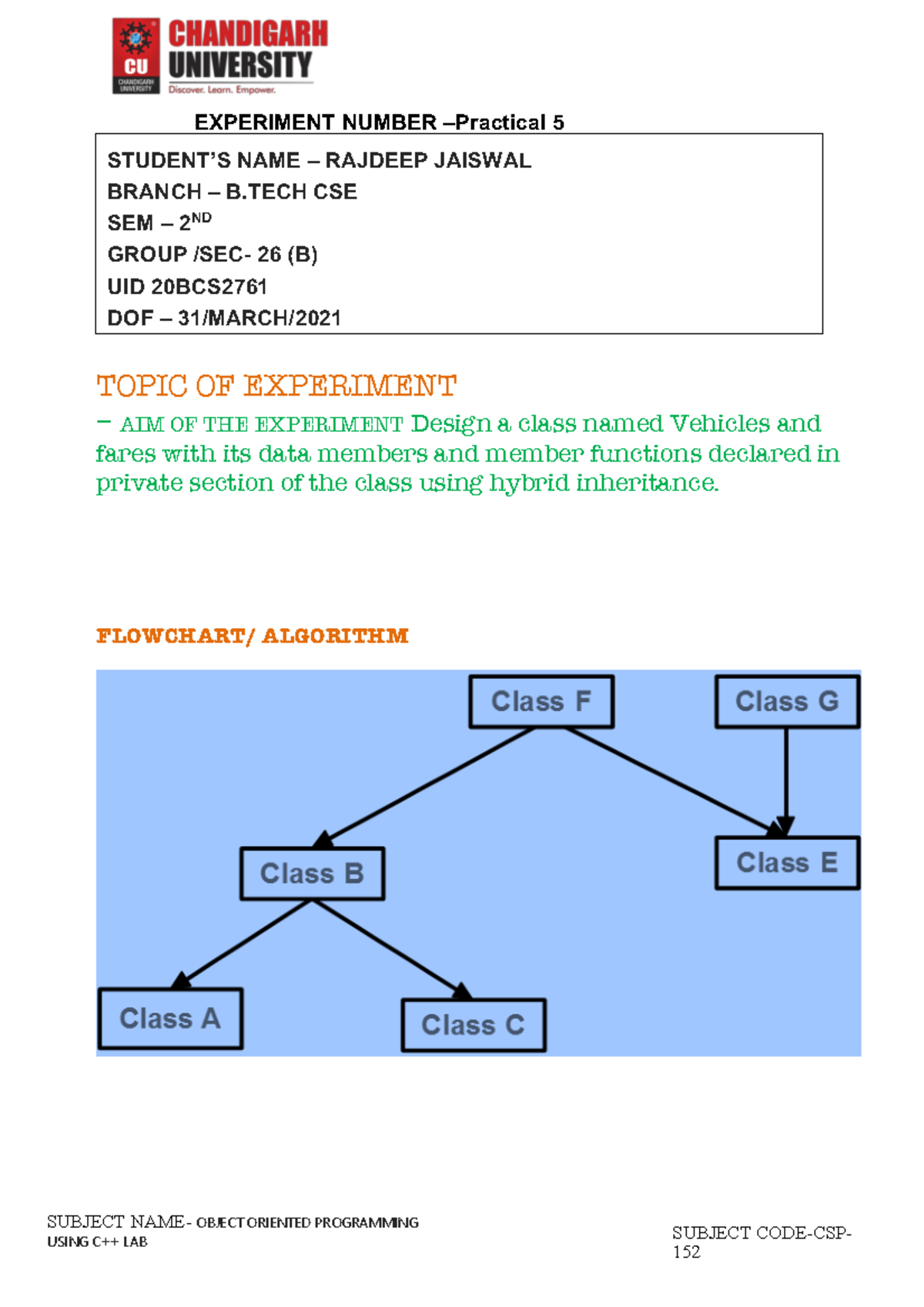 C++ 5 Worksheet - SUBJECT NAME- OBJECT ORIENTED PROGRAMMING EXPERIMENT ...