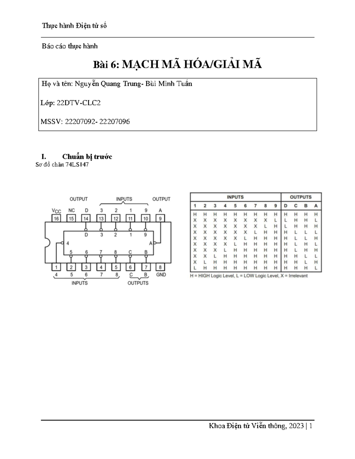 Bài 6-Mạch mã hóa, mạch giải mã - Digital Electronics - Họ và tên ...