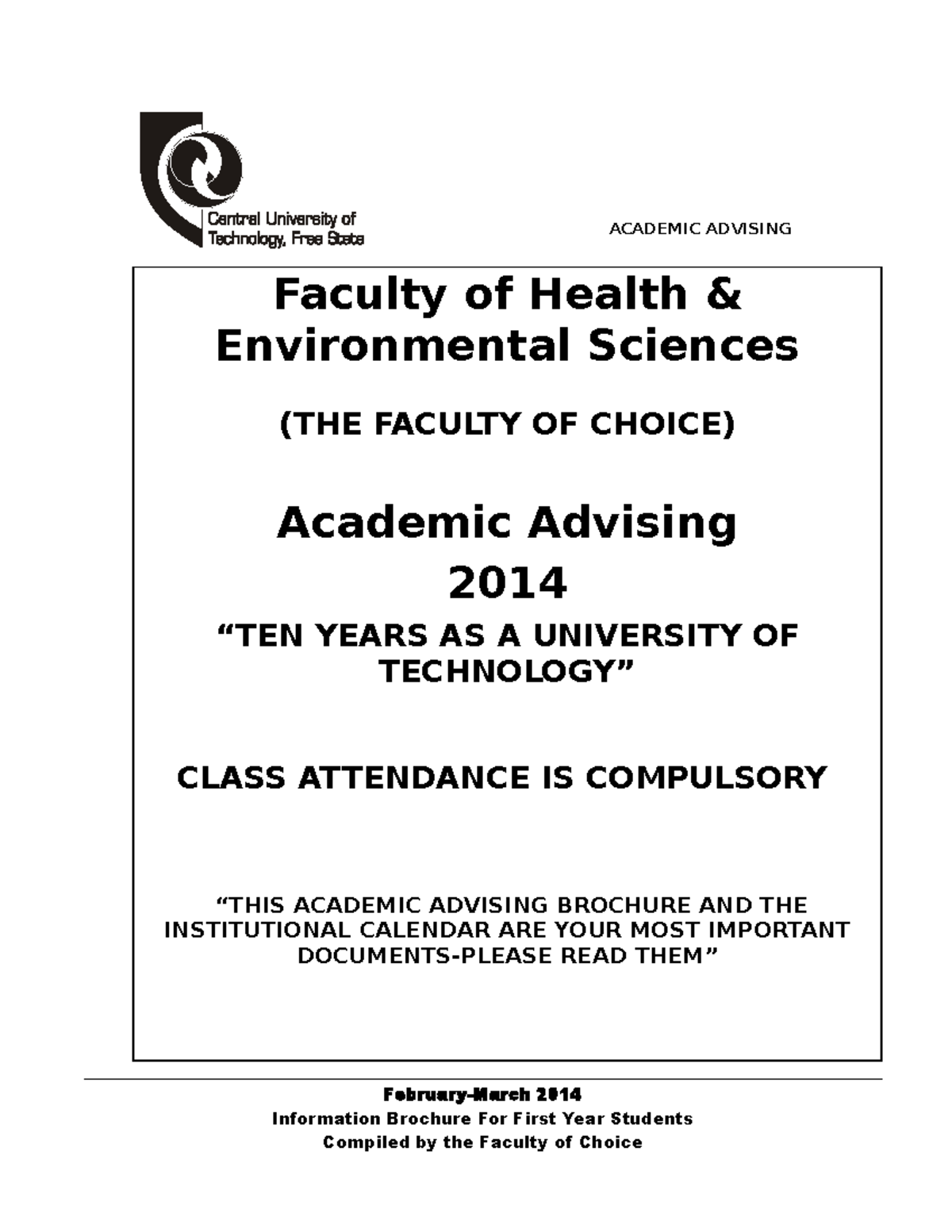 Academic Advising 2014 - Faculty of Health & Environmental Sciences ...