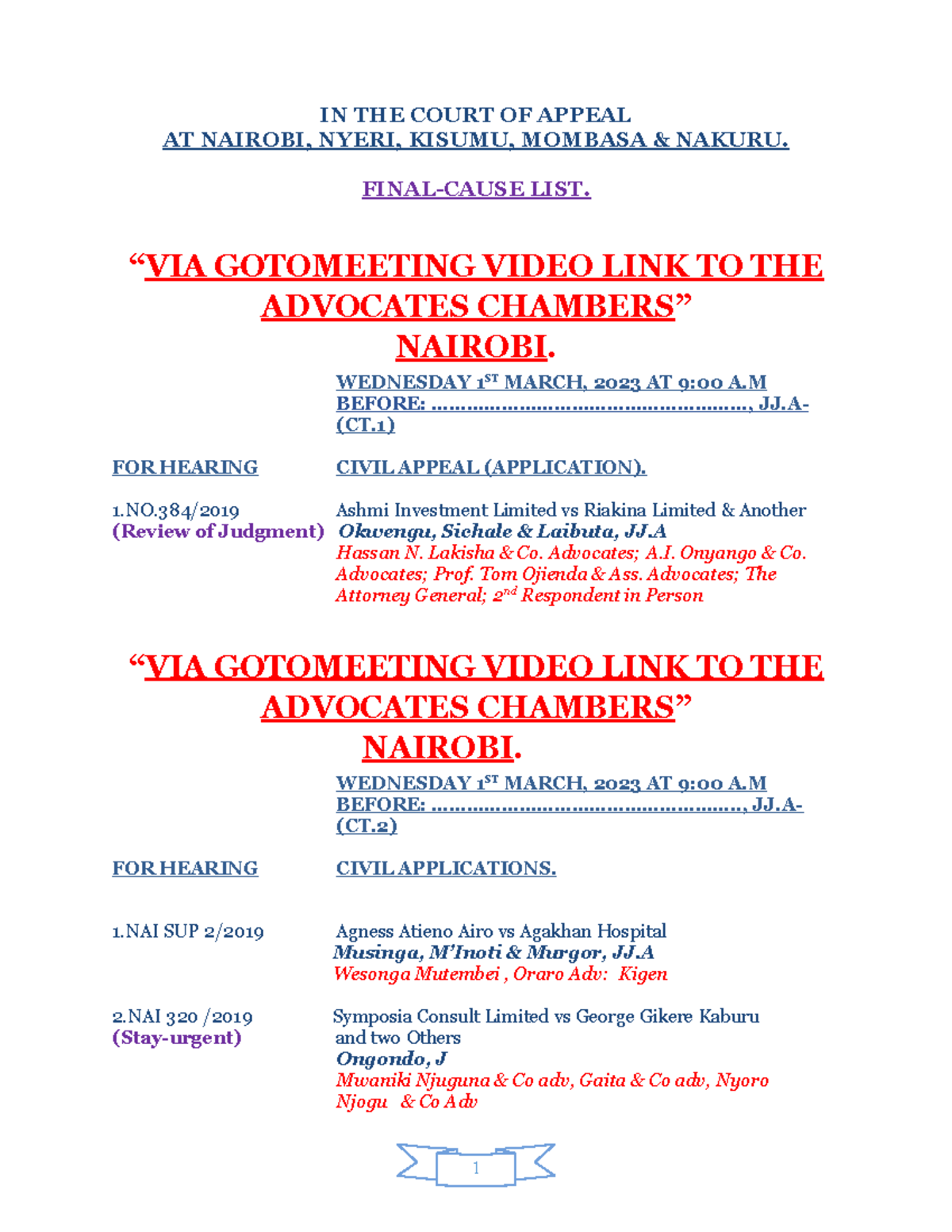 COA March 2023 Suitable for law cause lists for personal templates
