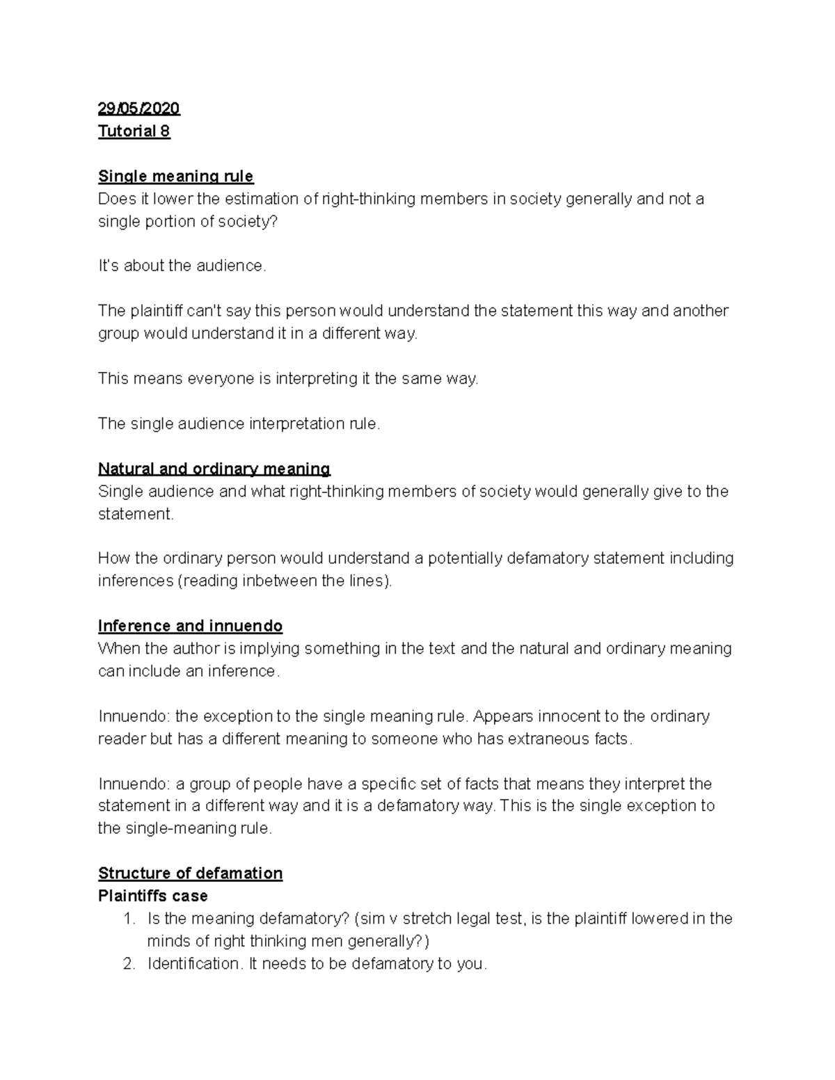 laws212-tutorial-8-defamation-29-05-tutorial-8-single-meaning-rule