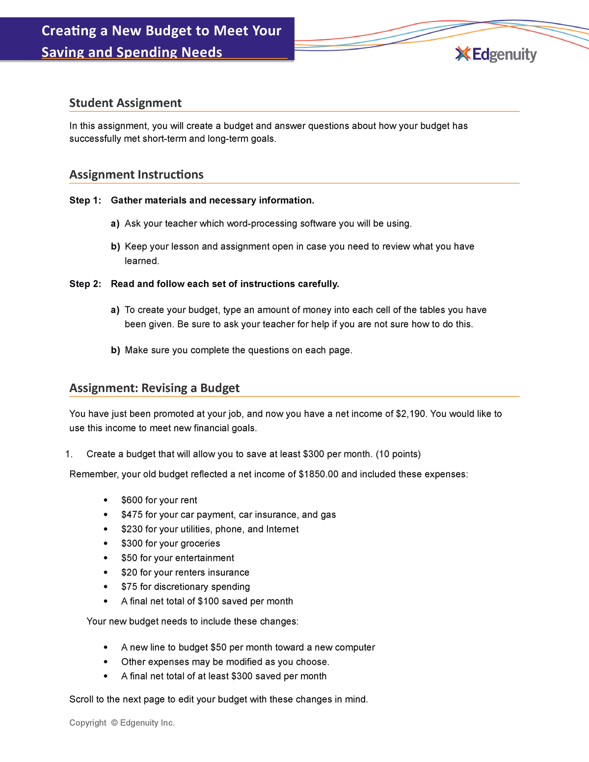 creating a new budget student assignment brainly