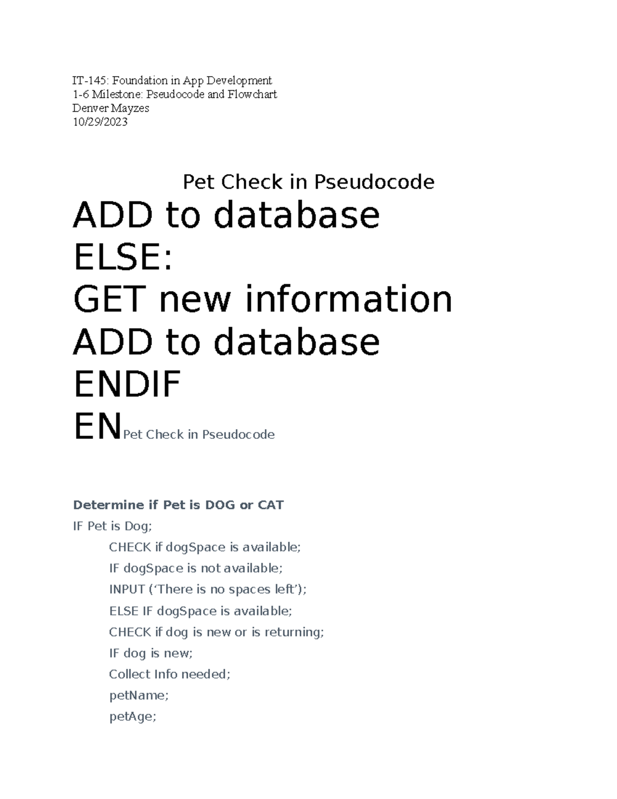 IT145 PET BAG PET BAG Code IT145 Foundation in App Development 1