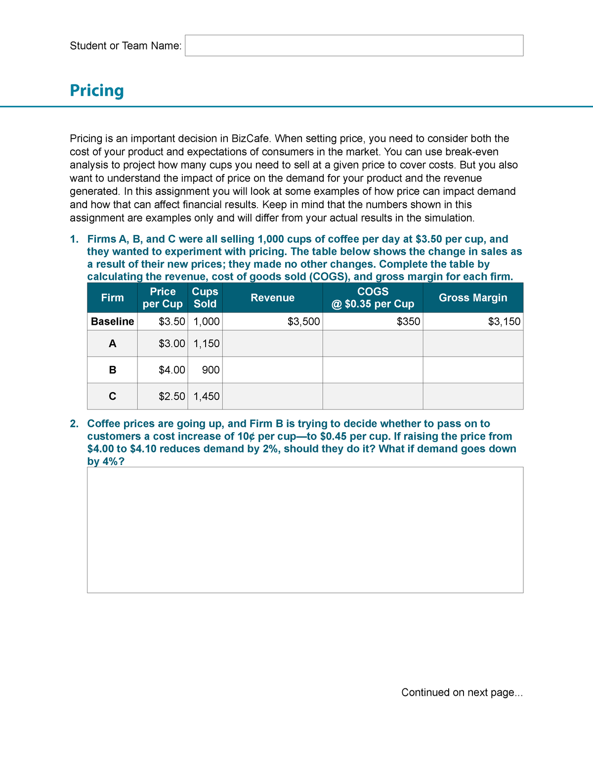 assignment on pricing