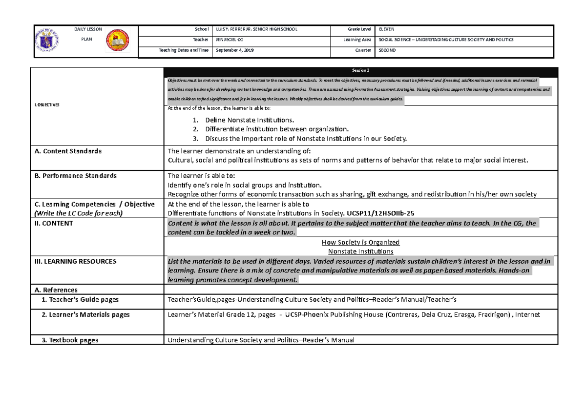 DLP UCSP Non State Lesson Plan For Understanding Culture Society And 