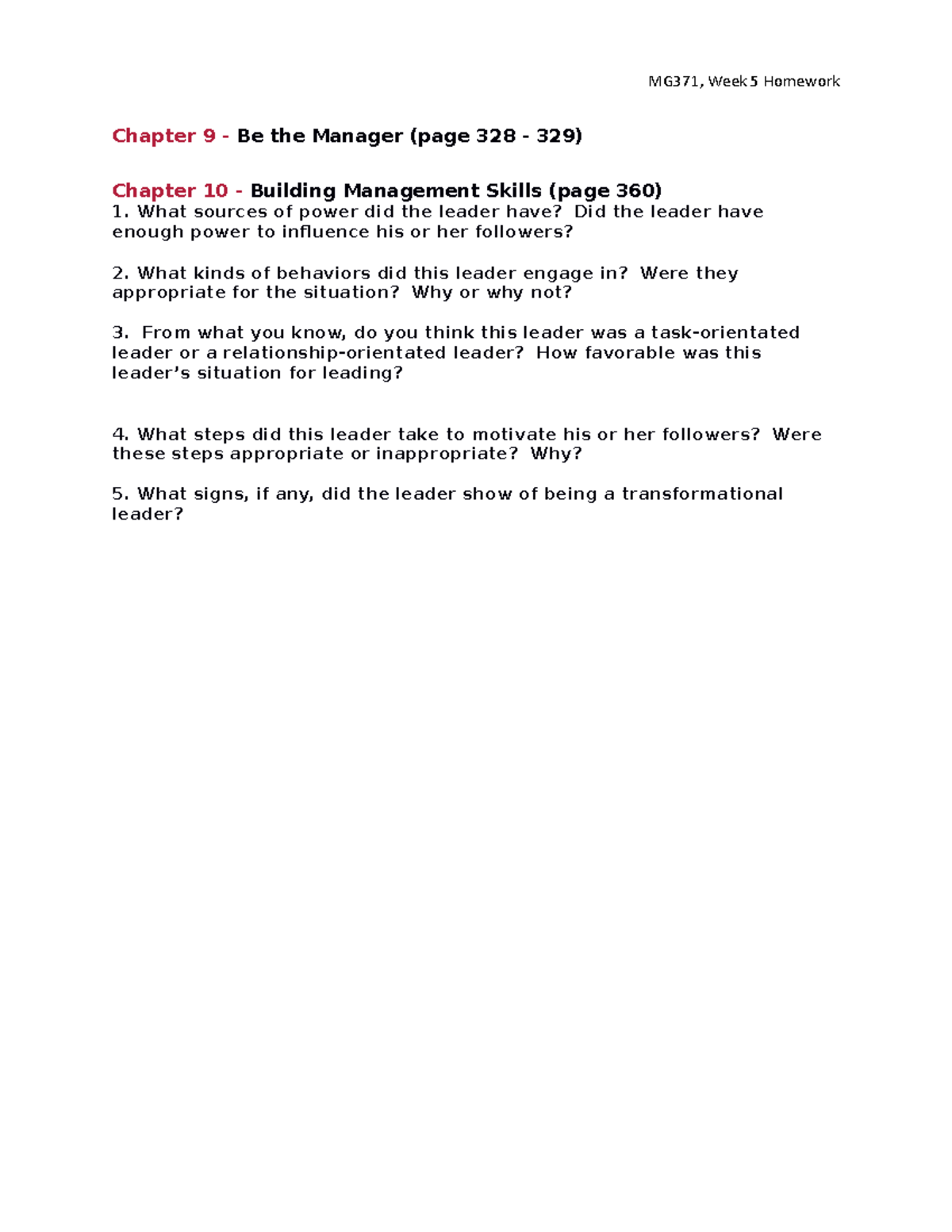 Homework Questions Week 5 Ch9&10 - MG371, Week 5 Homework Chapter 9 ...