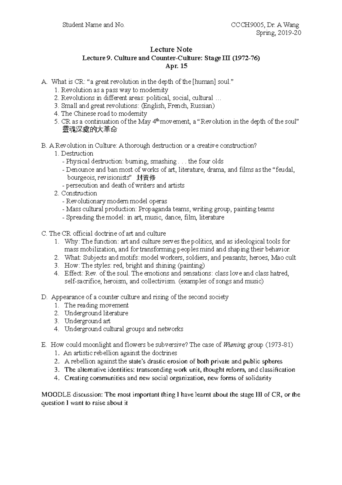 CCCH9005 Lecture 9 Notes Spring 2019-20 Revised - Student Name and No ...
