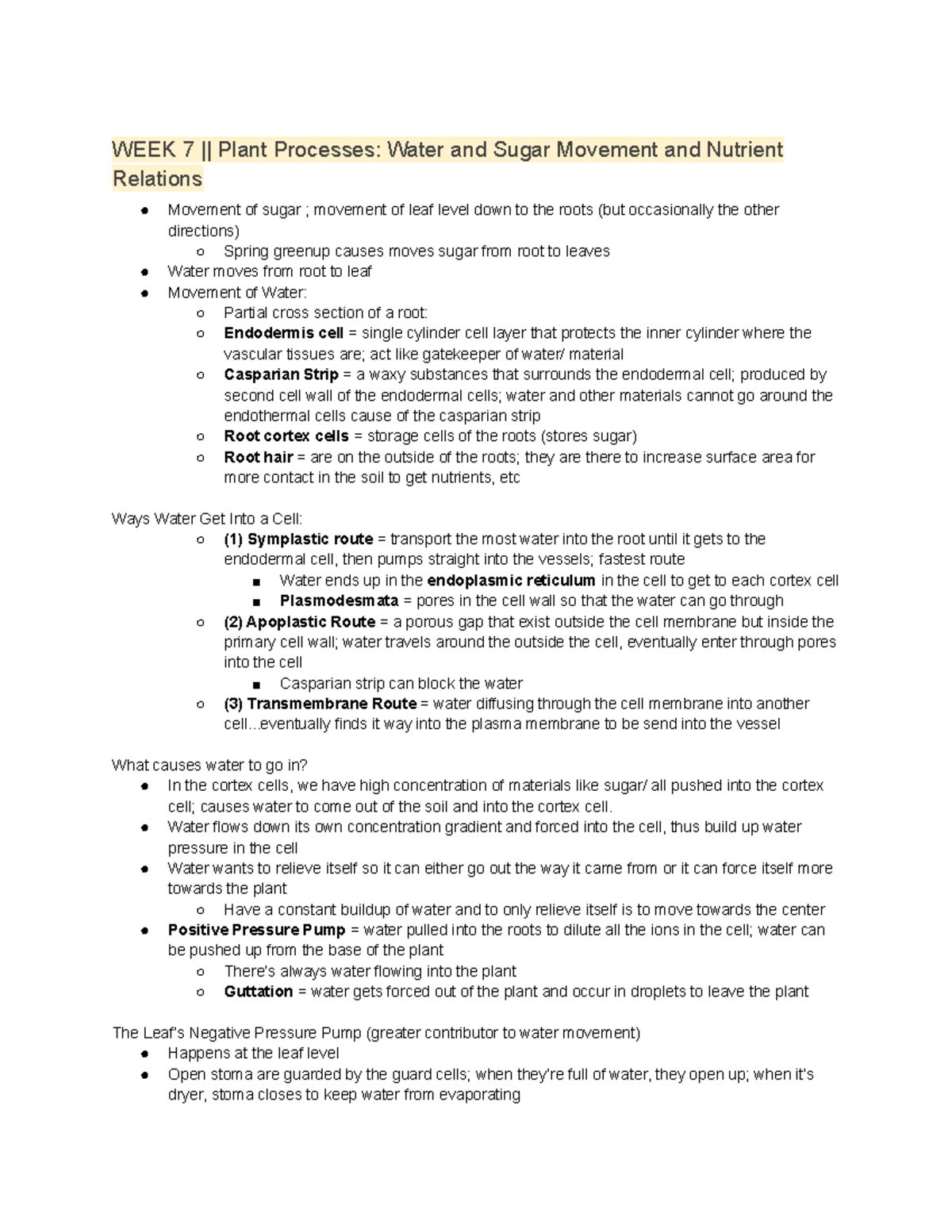 BIOL 114 Notes EXAM 2 - WEEK 7 || Plant Processes: Water and Sugar ...