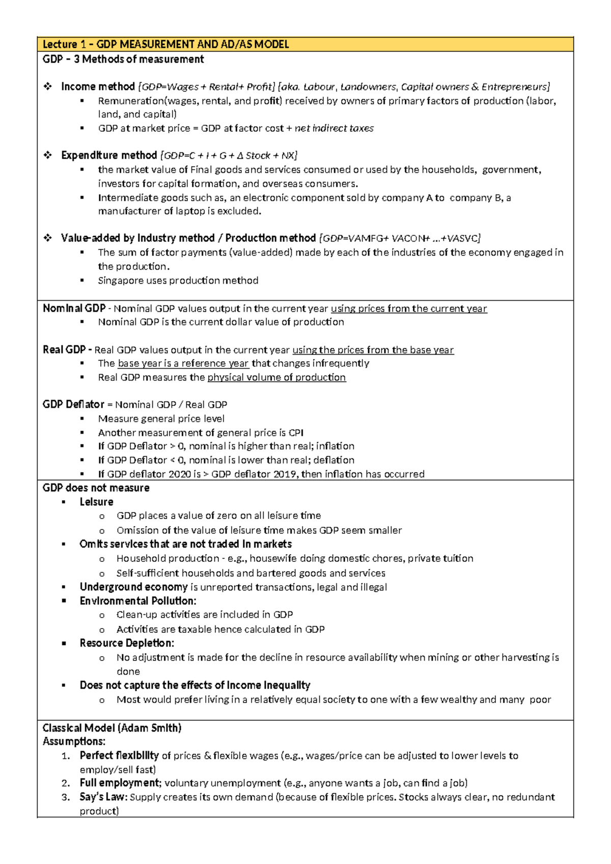 BSP Notes - Lecture 1 – GDP MEASUREMENT AND AD/AS MODEL GDP – 3 Methods ...