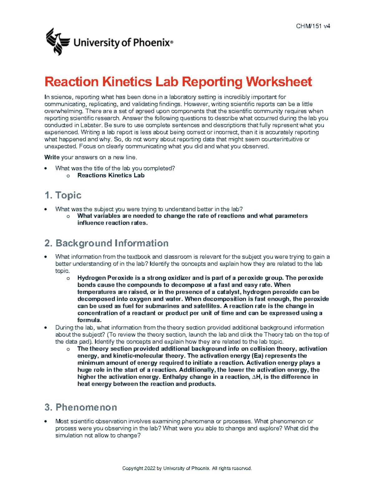 Week 6 Reaction Rates Lab Chm151 V Reaction Kinetics Lab Reporting Worksheet In Science 0231