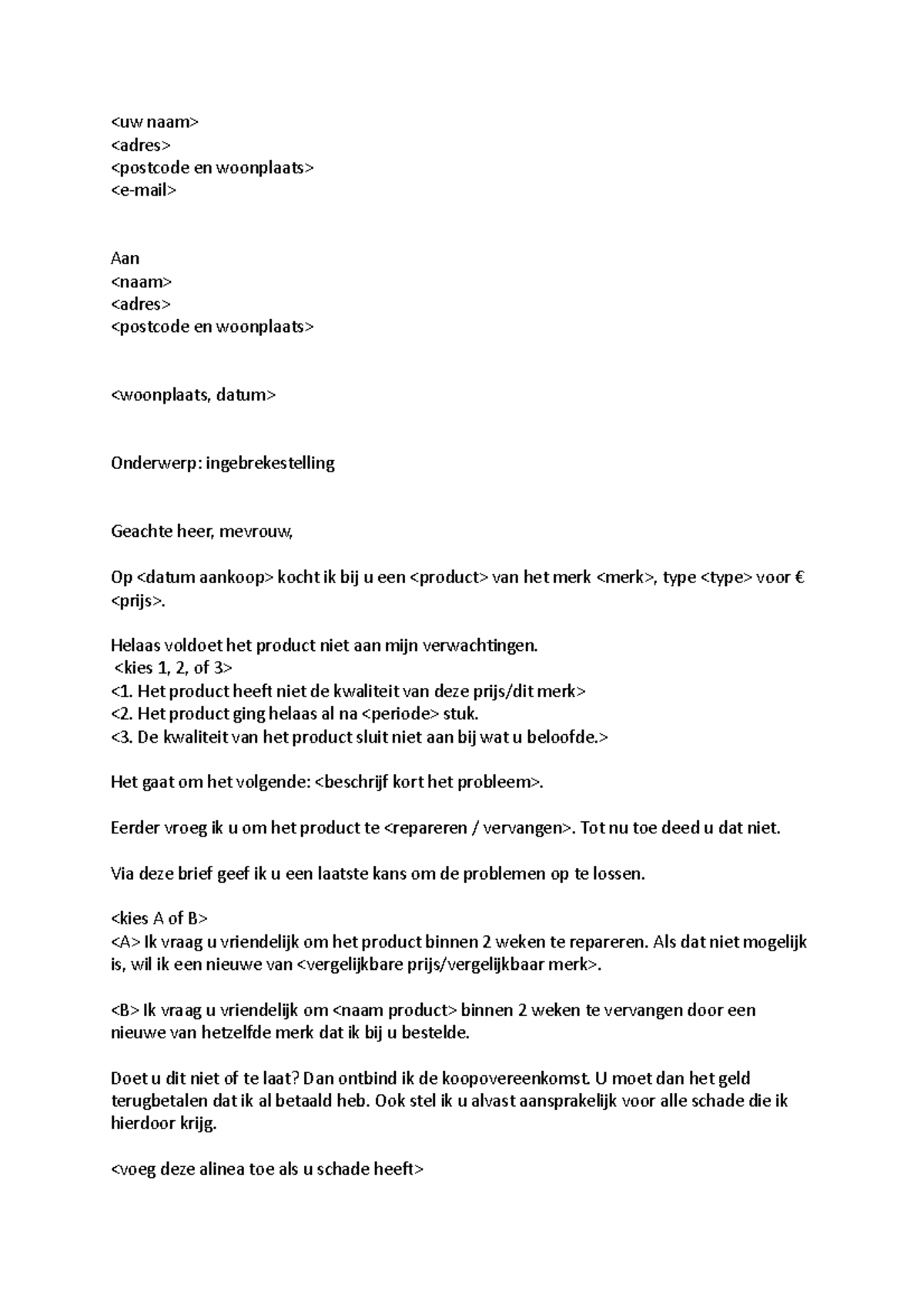 Voorbeeldbrief Ingebrekestelling !!!! - Aan Onderwerp ...