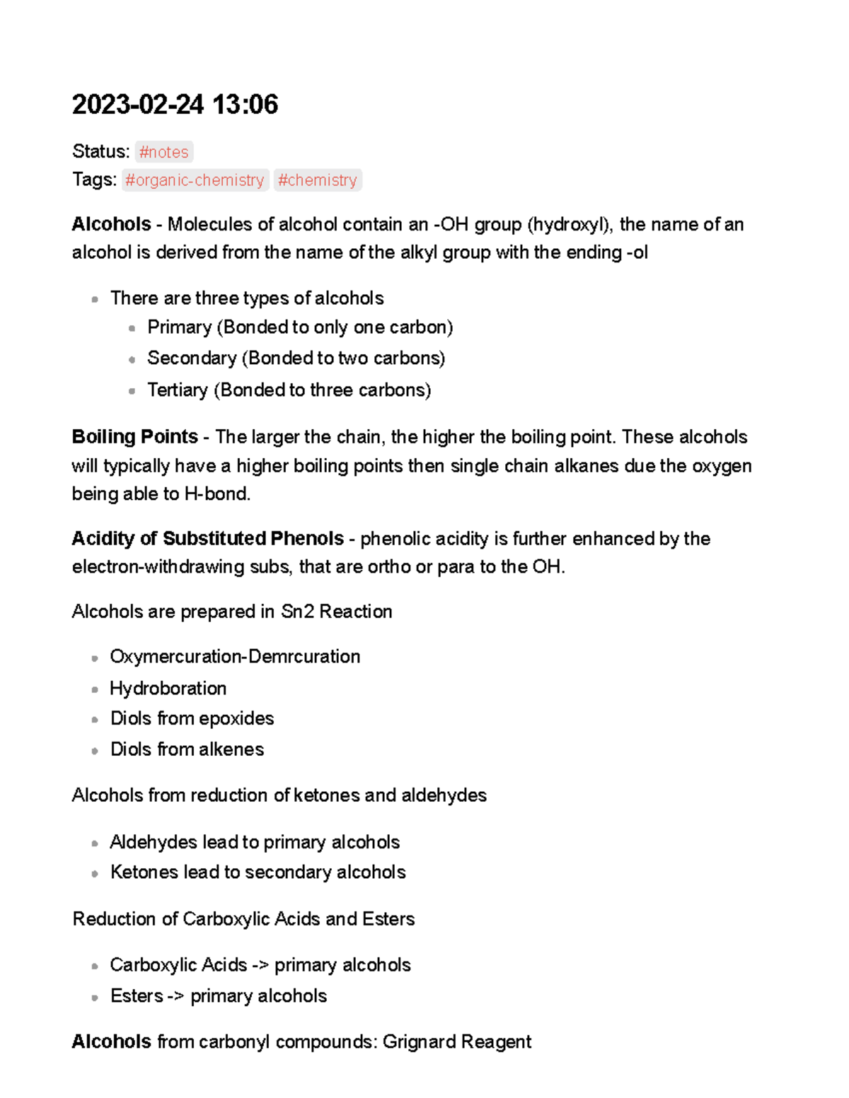 Alcohols and Phenols 20230224 13 Status notes Tags organic