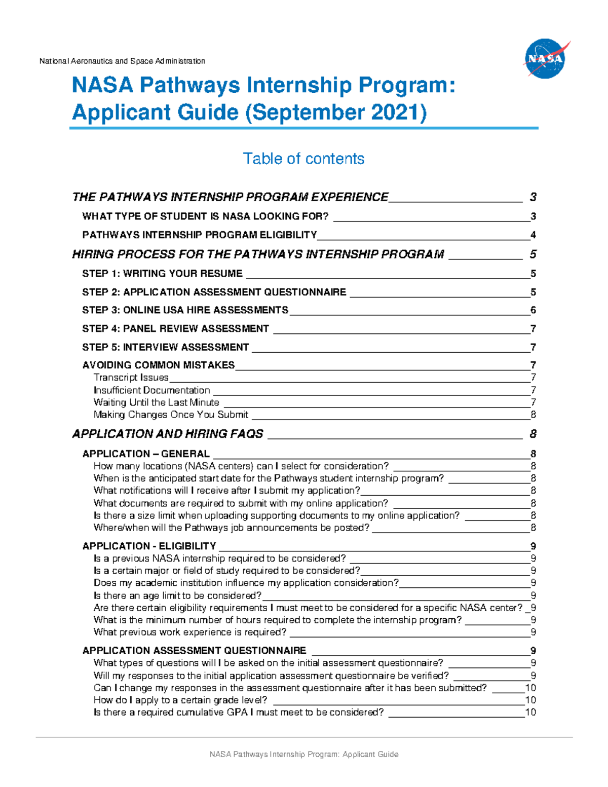 Nasa pathways internship program applicant guide National Aeronautics