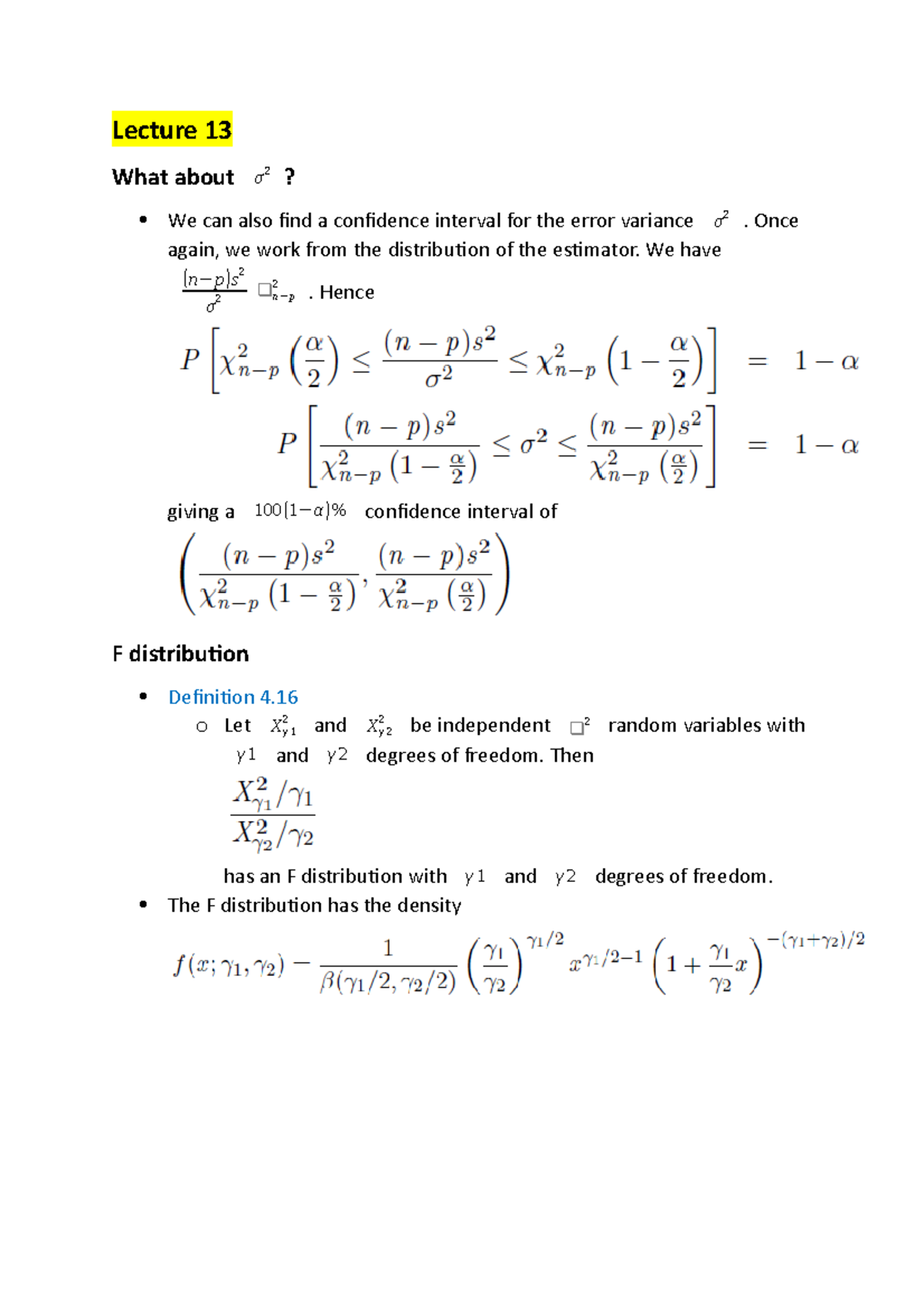 Lecture 13 - Lecture 13 What about σ 2? We can also find a confidence ...
