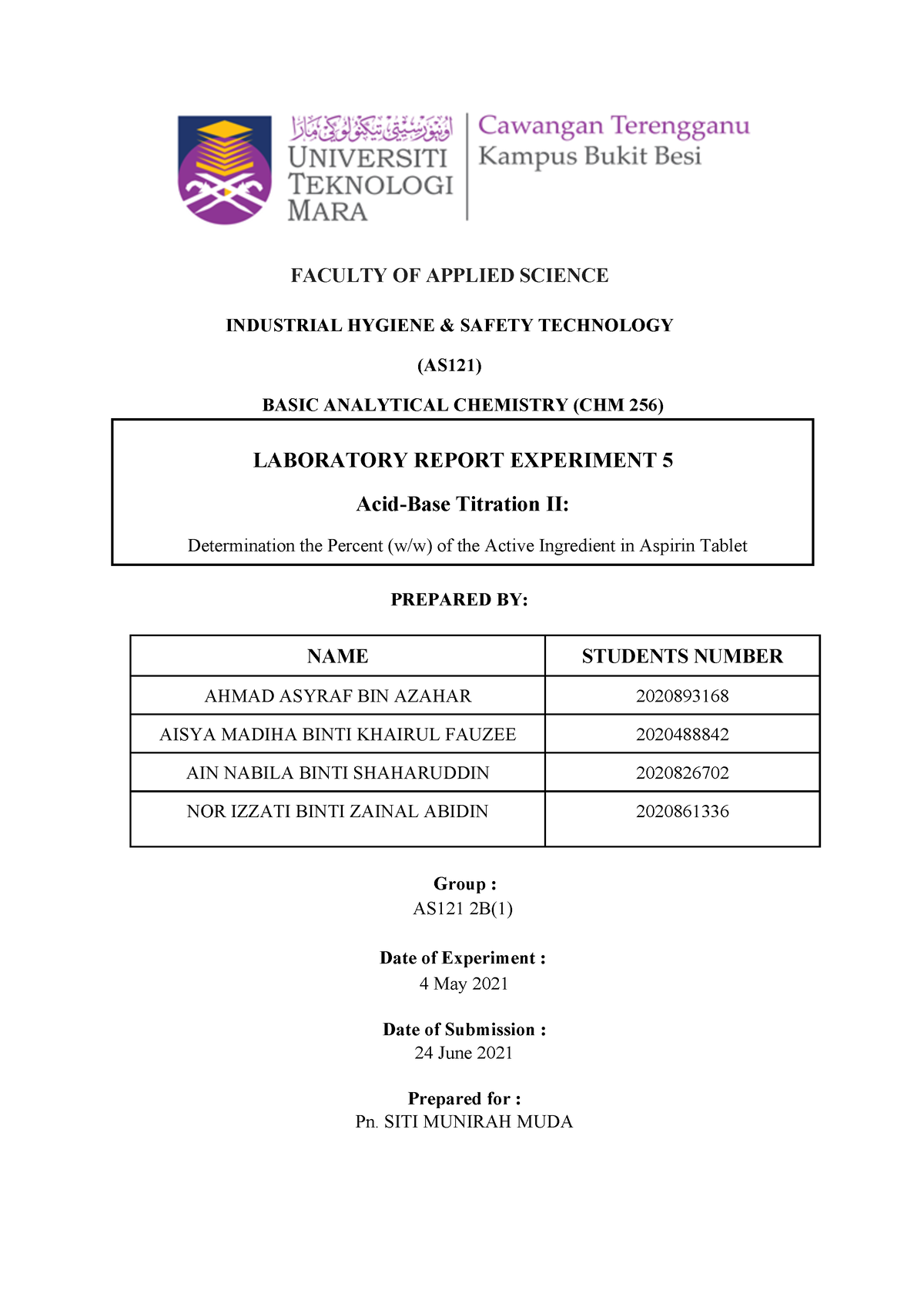 CHM256 EXP 5 LAB Report - FACULTY OF APPLIED SCIENCE INDUSTRIAL HYGIENE ...