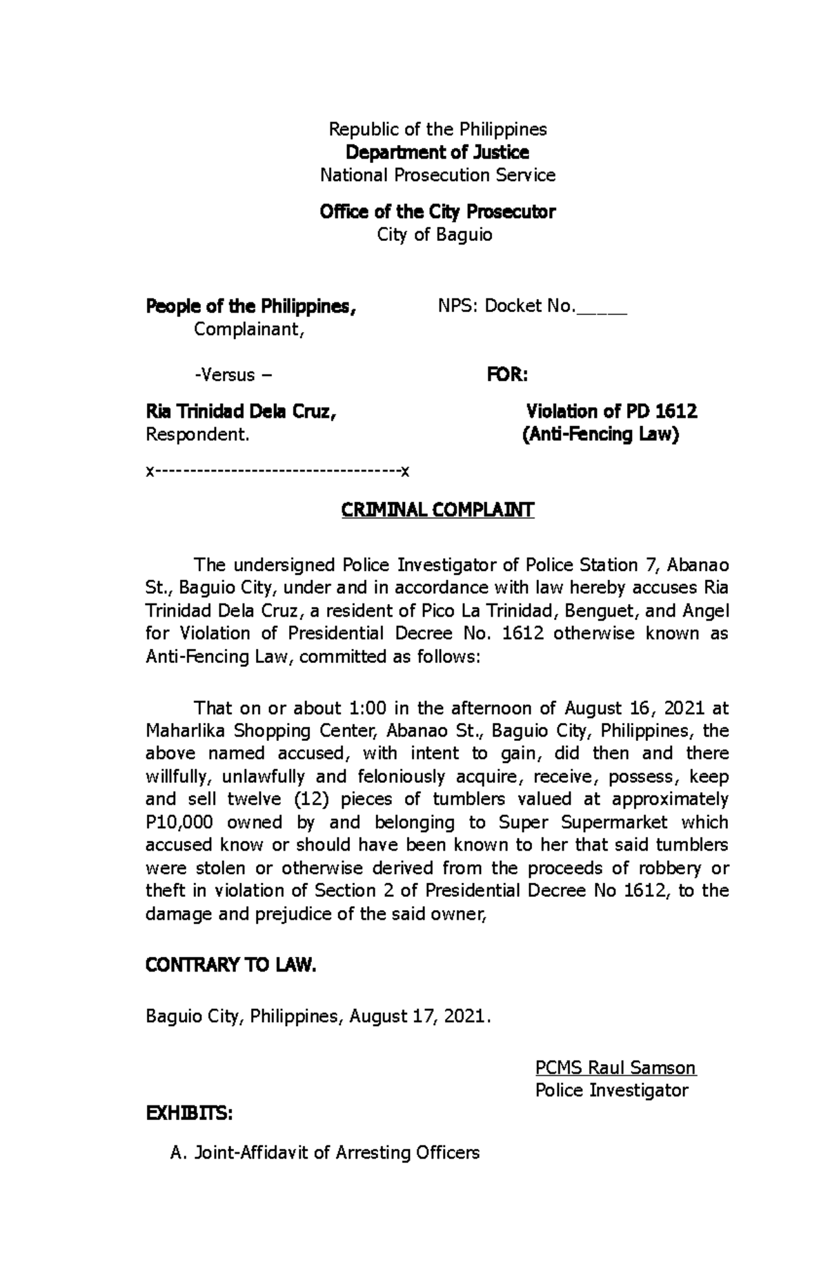 1. Criminal Complaint for Violation of Anti Fencing Law - Republic of ...