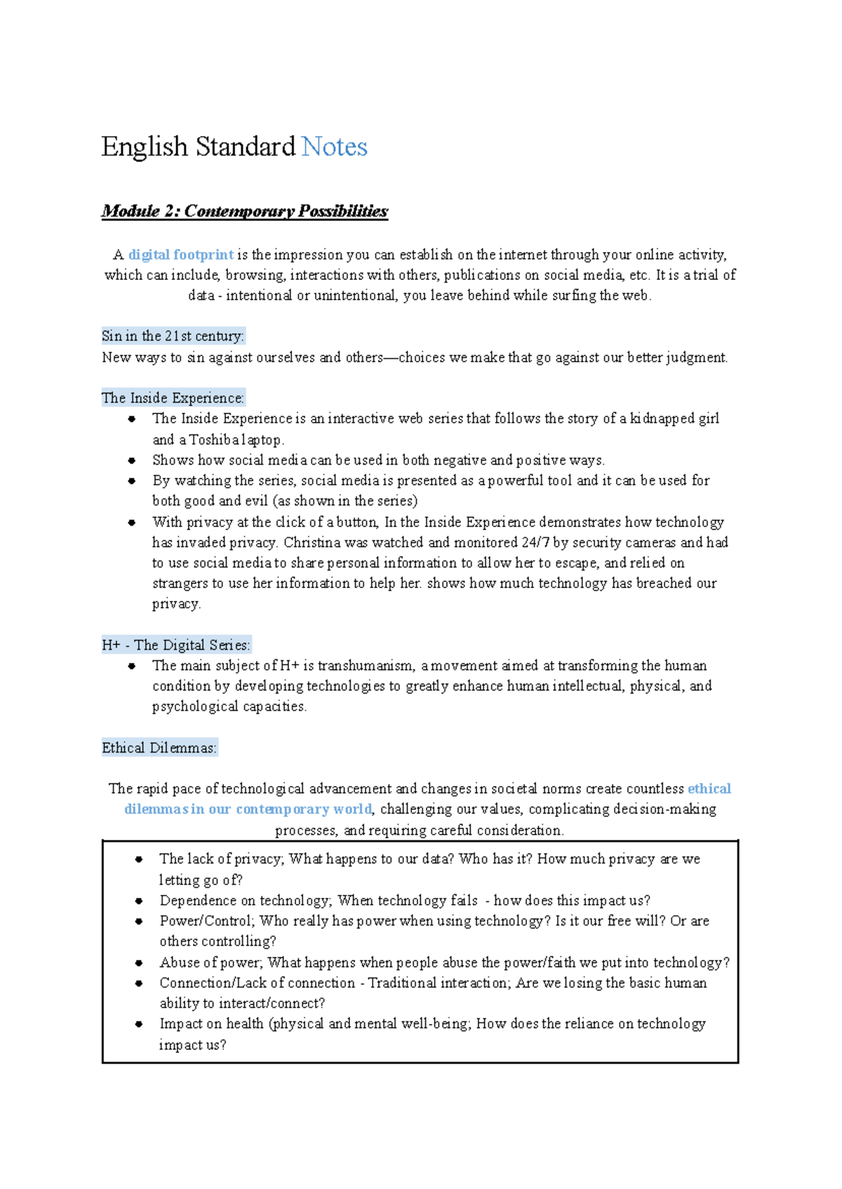 English Study Notes - English Standard Notes Module 2: Contemporary ...