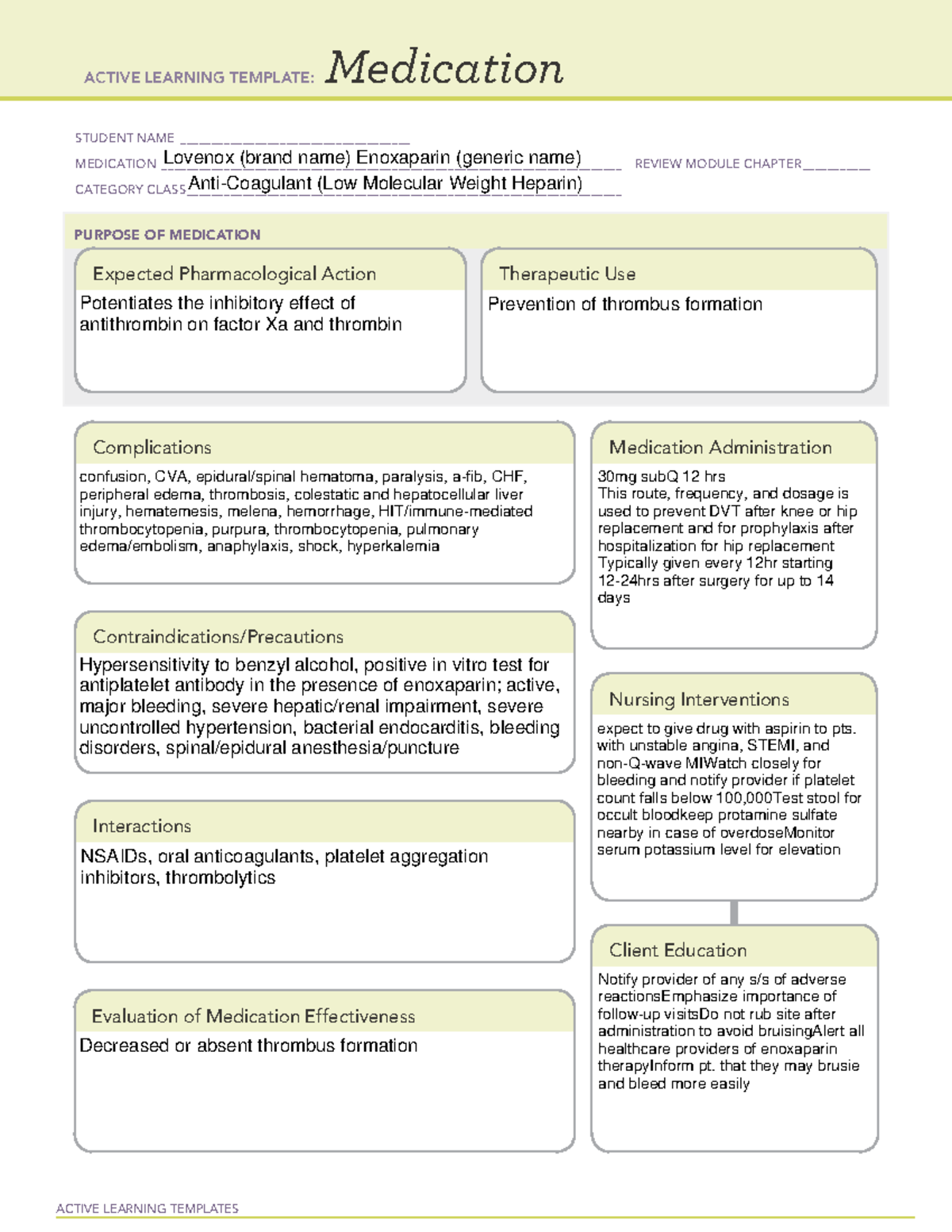 Lovenox:Enoxaparin Med Surg 3 - ACTIVE LEARNING TEMPLATES Medication ...