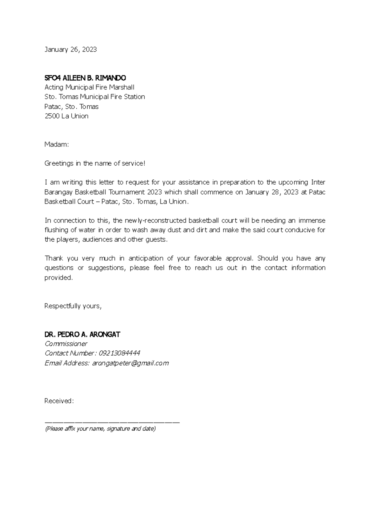 Letter TO BFP 2 - January 26, 2023 SFO 4 AILEEN B. RIMANDO Acting ...