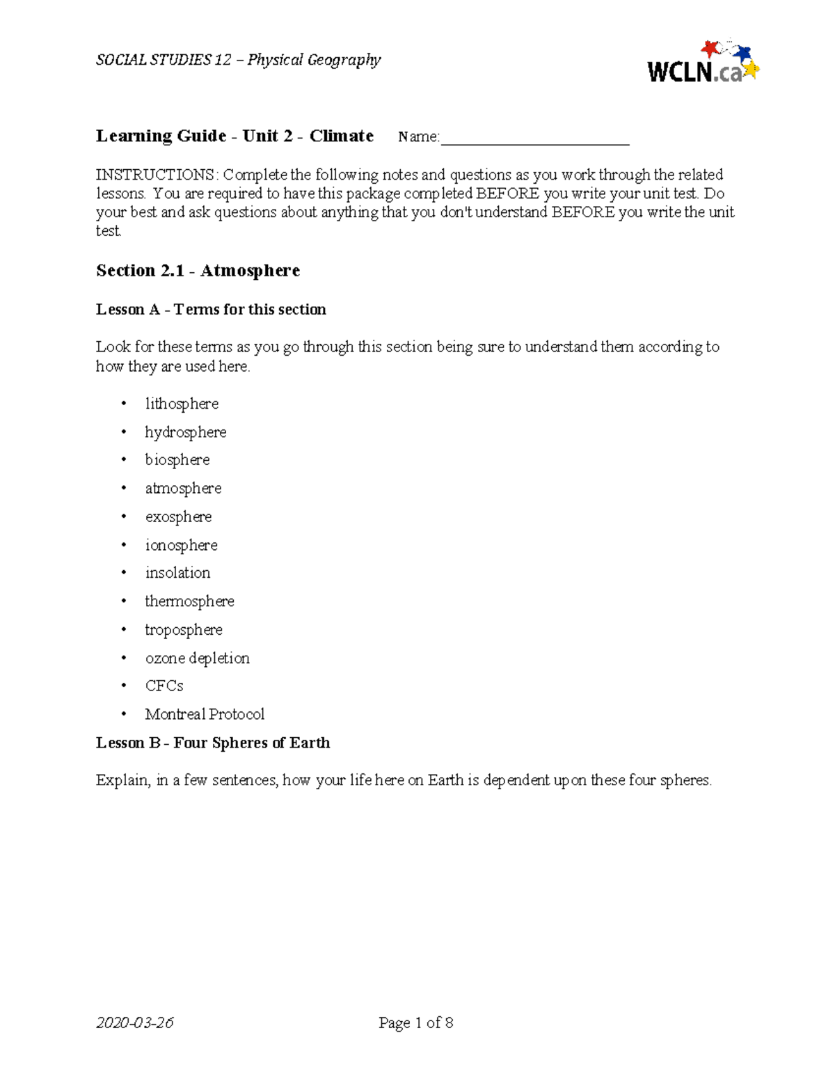 U2 - unit 2 for sd62 online course - Learning Guide - Unit 2 - Climate ...