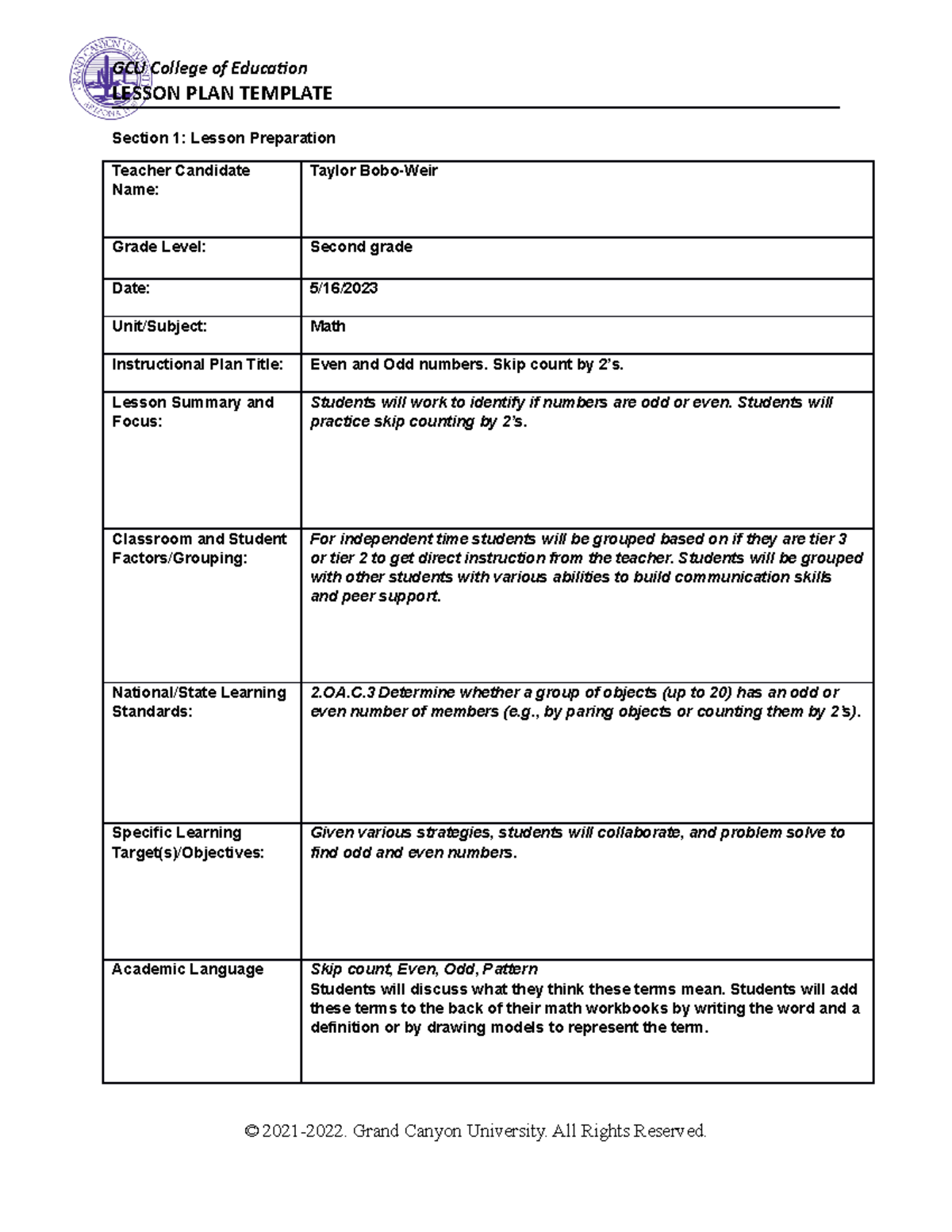 Lesson Plan - LESSON PLAN TEMPLATE Section 1: Lesson Preparation ...