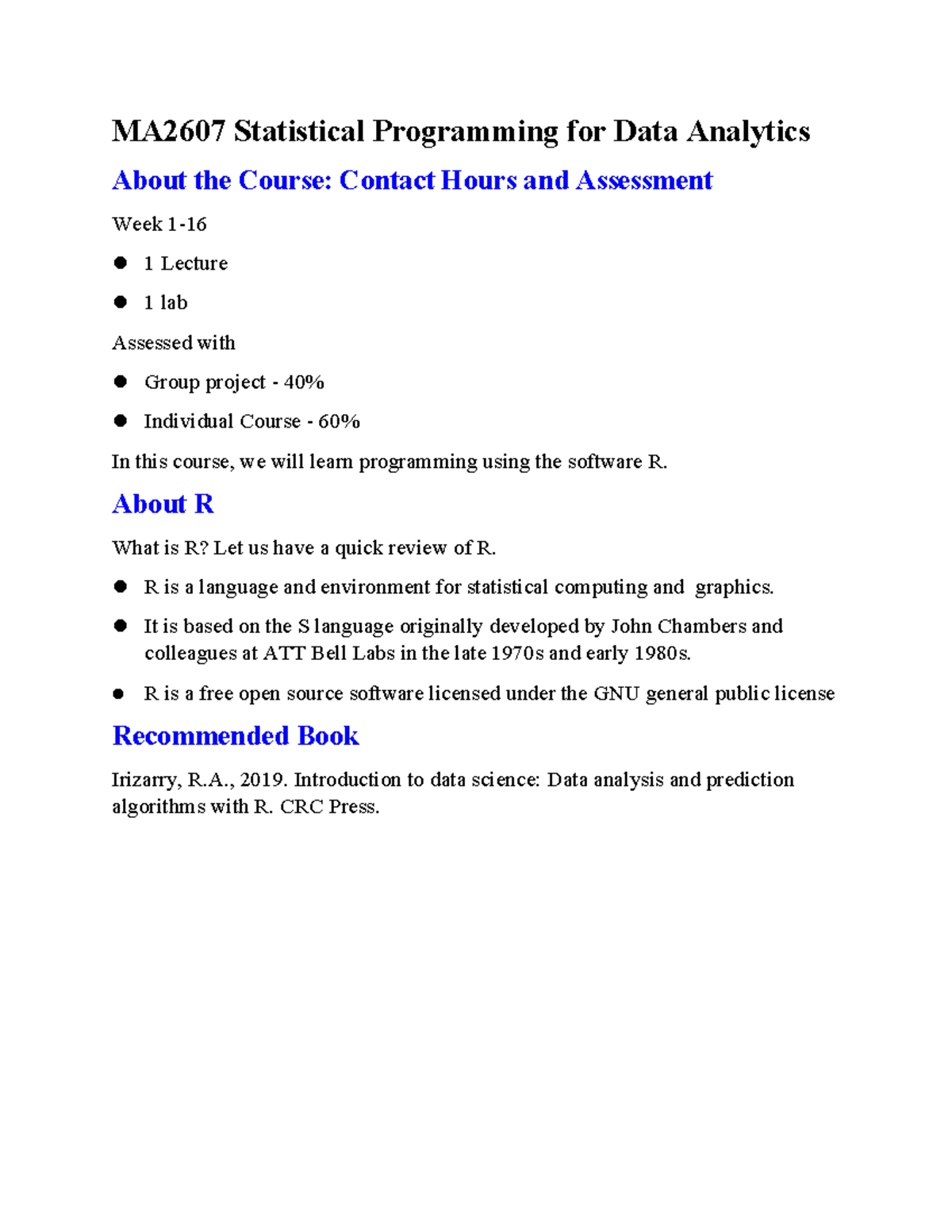 Chapter 1 - Lecture note for MA2607 - MA2607 Statistical Programming ...