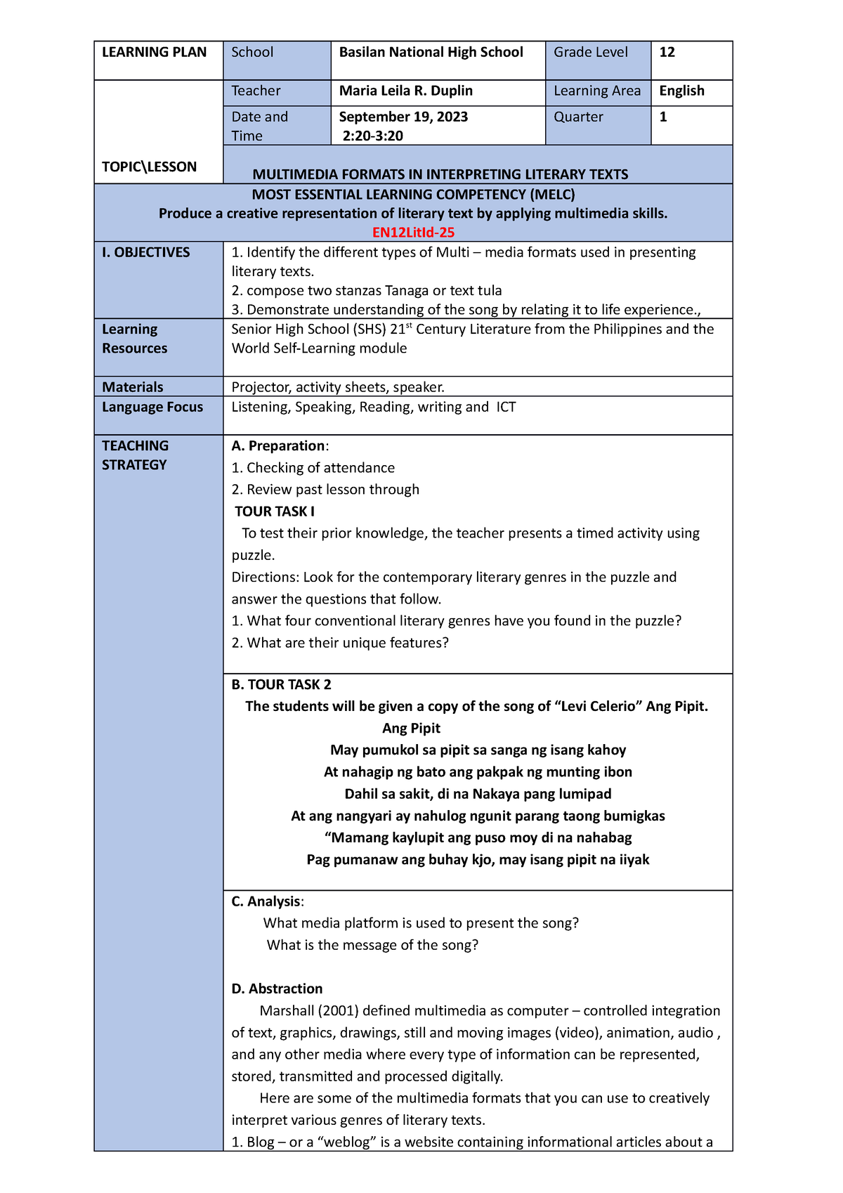 Learning PLAN (Auto Recovered) - LEARNING PLAN School Basilan National ...