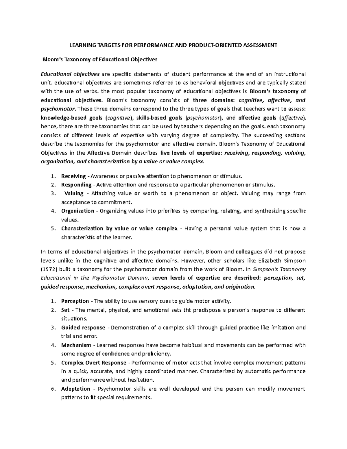 Learning Targets - LEARNING TARGETS FOR PERFORMANCE AND ASSESSMENT ...