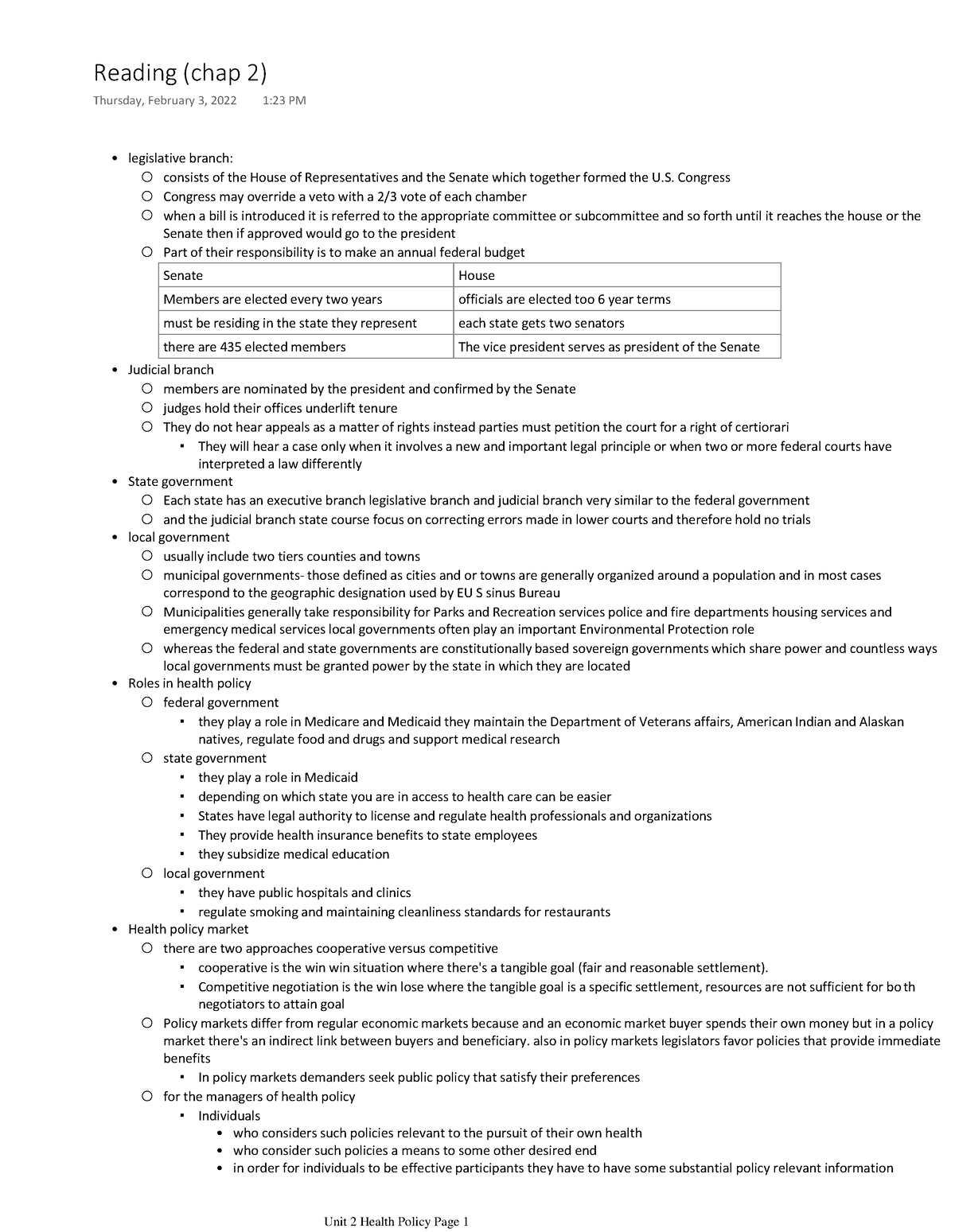 Unit 2 Health Policy - legislative branch: consists of the House of ...