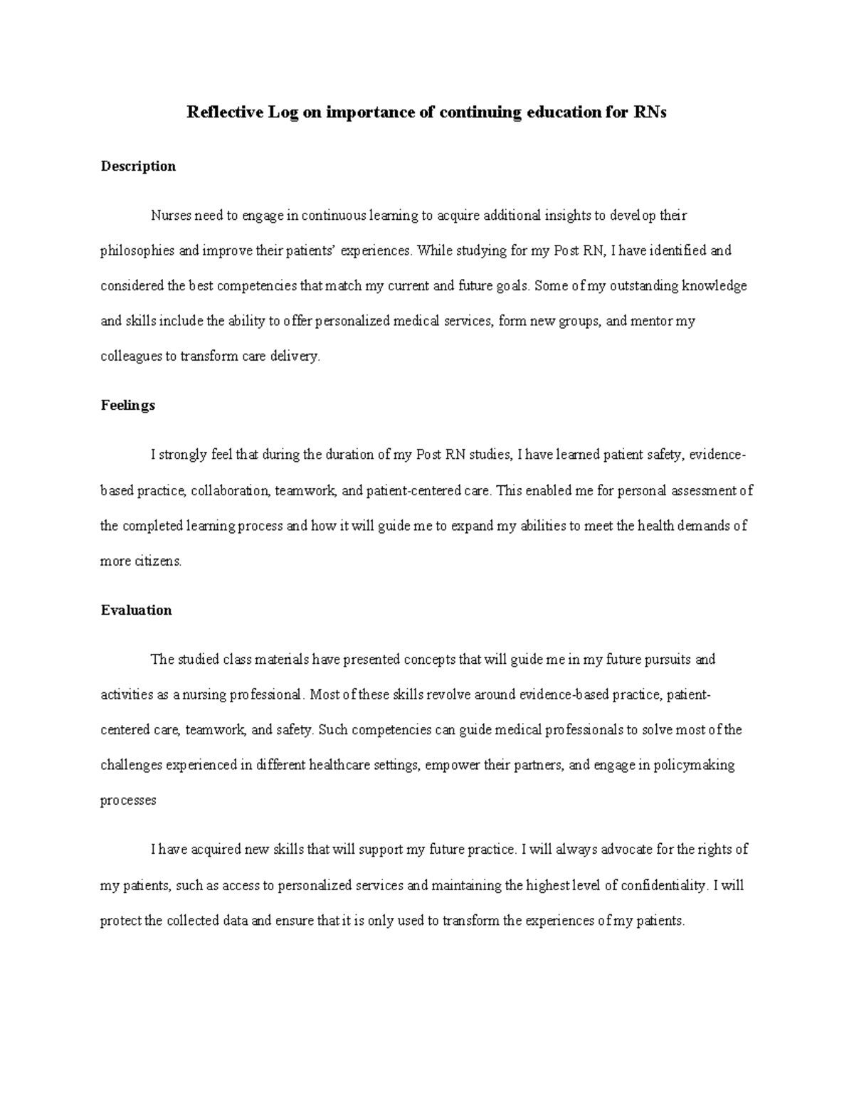 Reflective Log on importance of continuing education for RNs ...