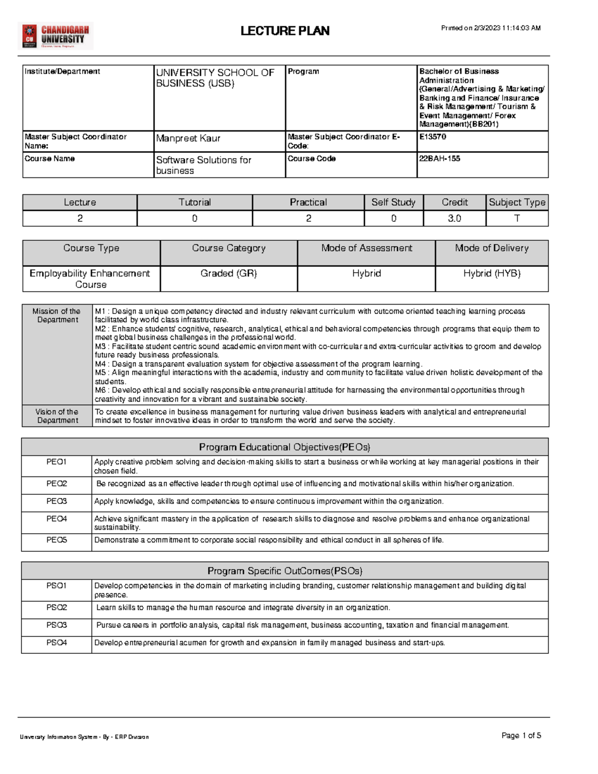 Lecture Plan BB201 22BAH-155 - Program Educational Objectives(PEOs ...