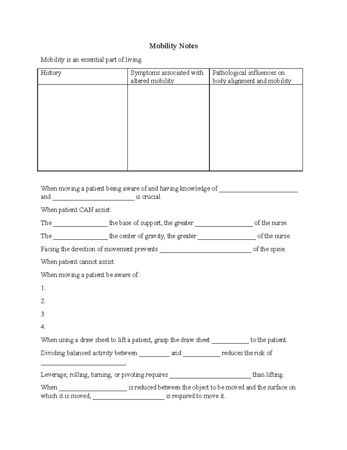 Funds of Nursing Wk 3 part 2 - Mobility Notes Mobility is an essential ...