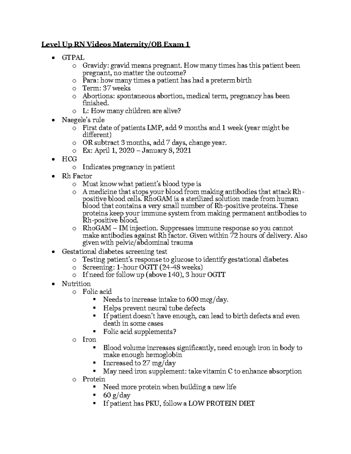 EXAM 1 Review Maternity USE THIS Level Up RN Videos Maternity/OB Exam