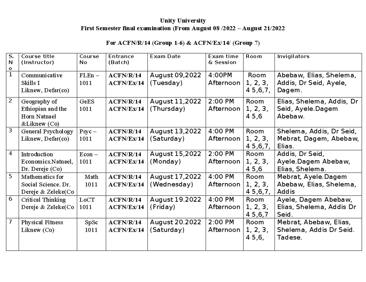 2014 final schedule It's a good document Unity University First
