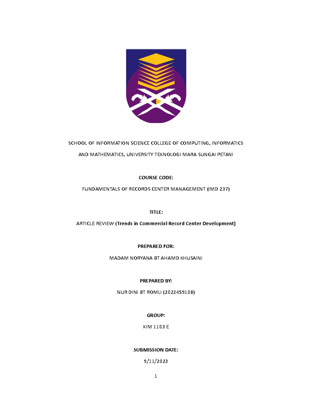 IMD 237 INDIVIDUAL - SCHOOL OF INFORMATION SCIENCE COLLEGE OF COMPUTING ...
