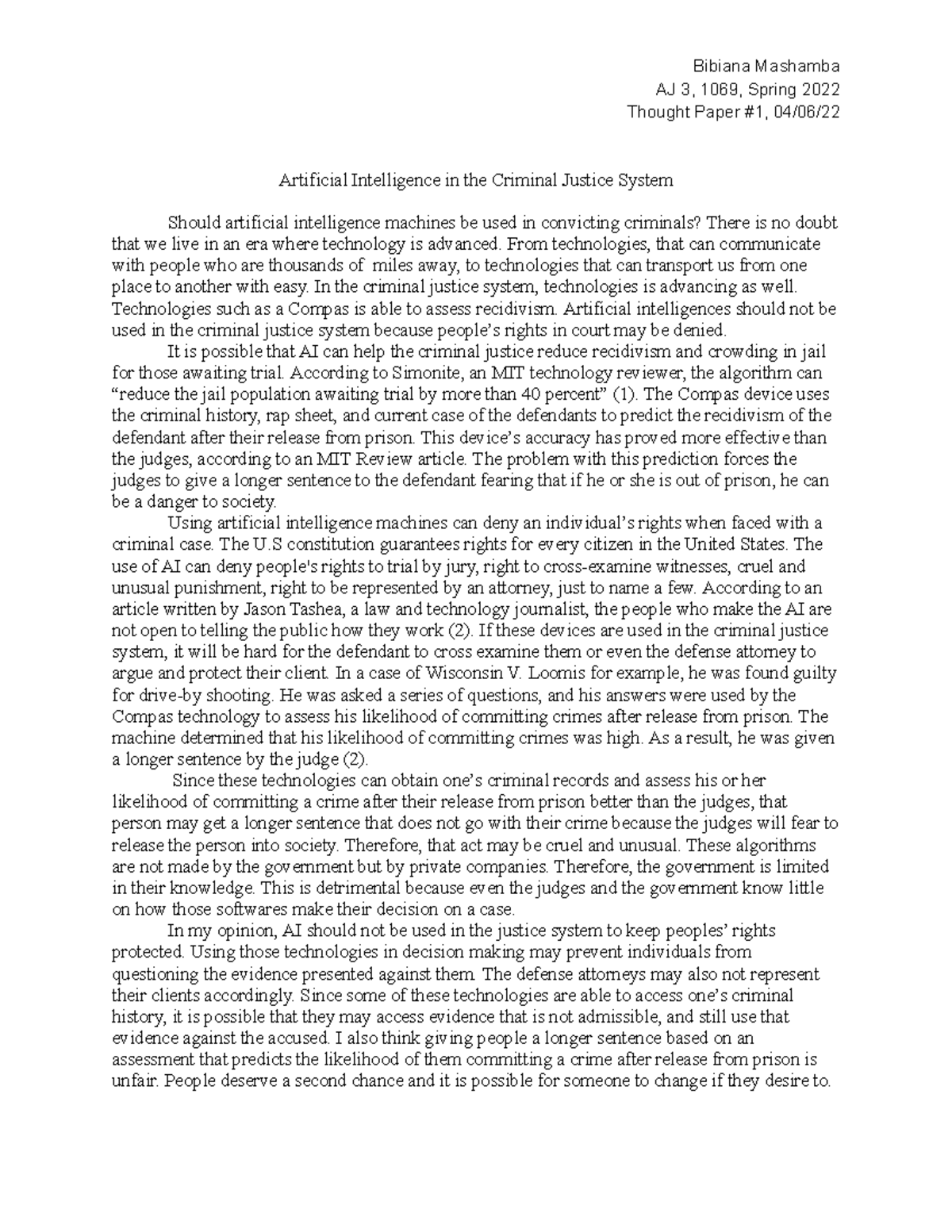 Thought Paper #1 - The use of artificial Intelligence (AI) in the ...
