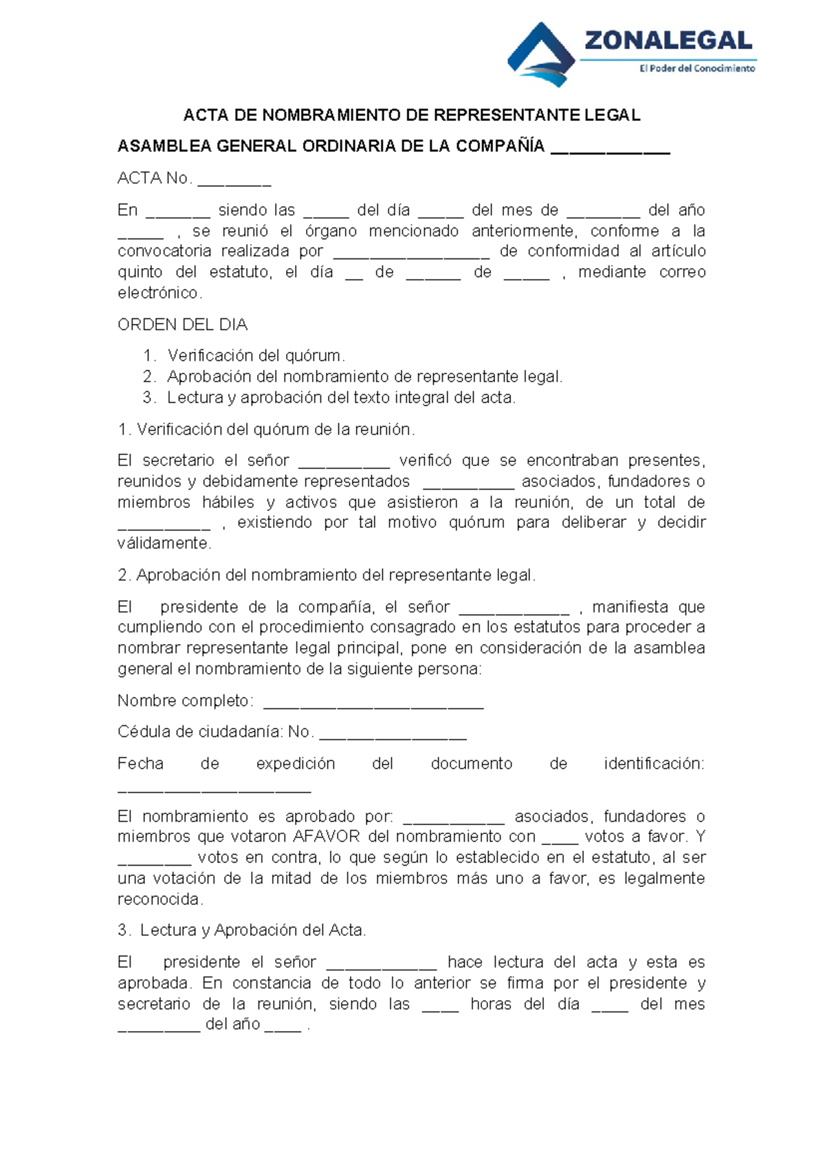 Acta De Nombramiento De Representante Legal Acta De Nombramiento De